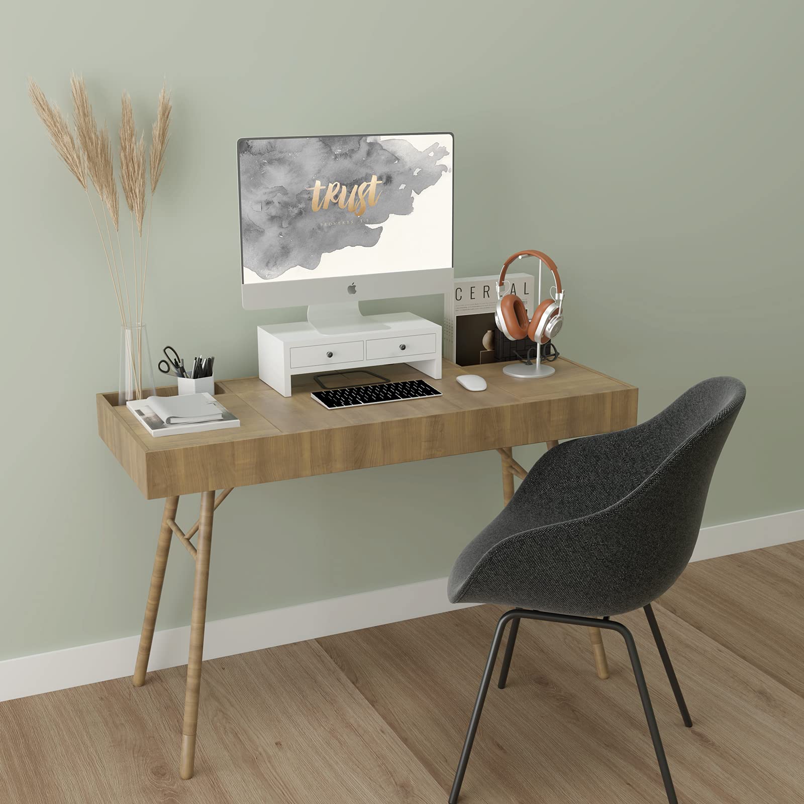 WELLAND Monitor Stand Riser with Storage Drawers - Adjustable Computer Monitor Stand & Desktop Organizer for Laptop, PC, Office - Perfect for Home Office & Workspace Organization (White)
