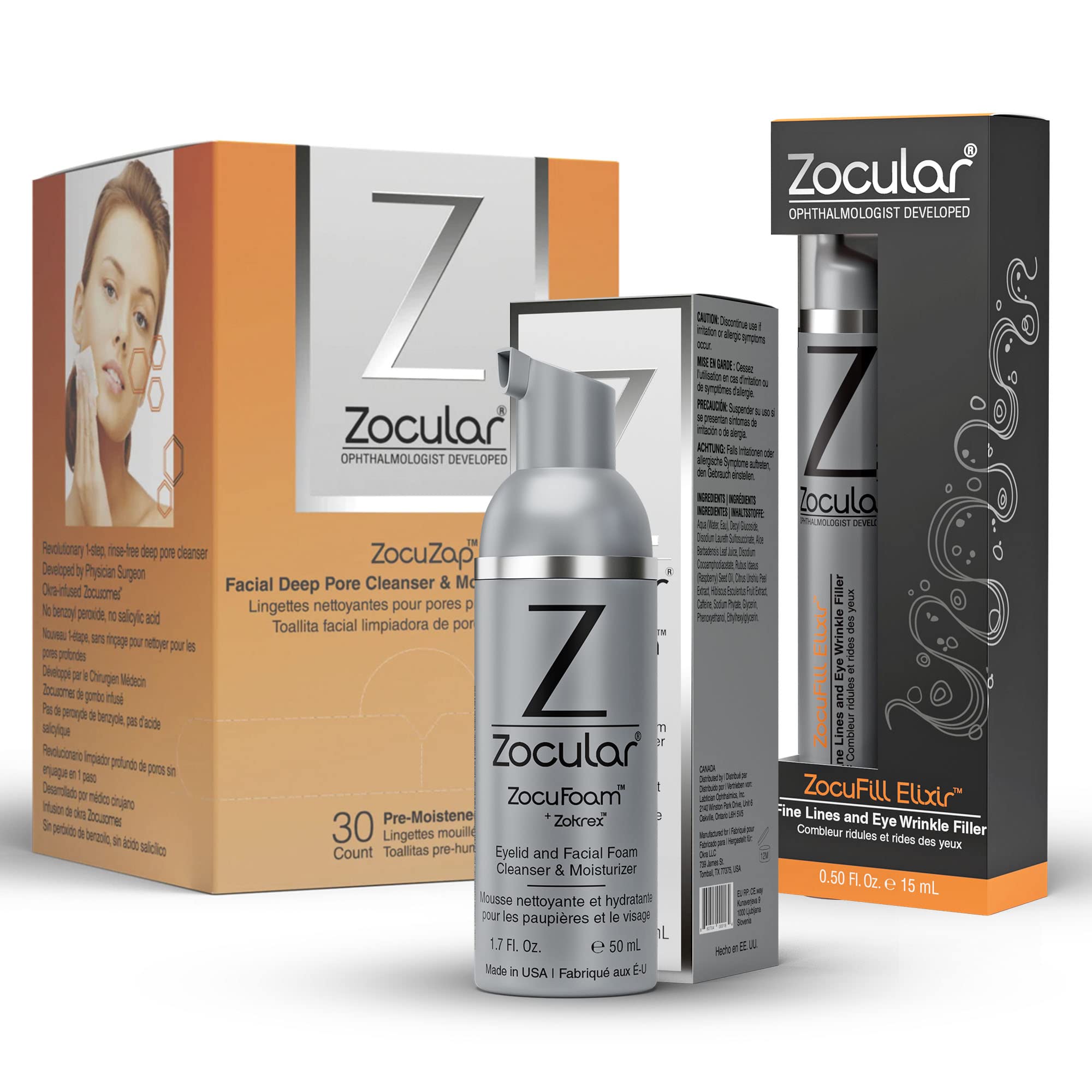 ZocuZap Facial Cleansing Wipes (30 Count) + Zocular ZocuFoam Eyelid Cleanser + Zocufill Elixir Eye Gel & Face Serum Set - Gentle Skincare for Sensitive Skin, Daily Makeup Removal & Eyelid Hygiene