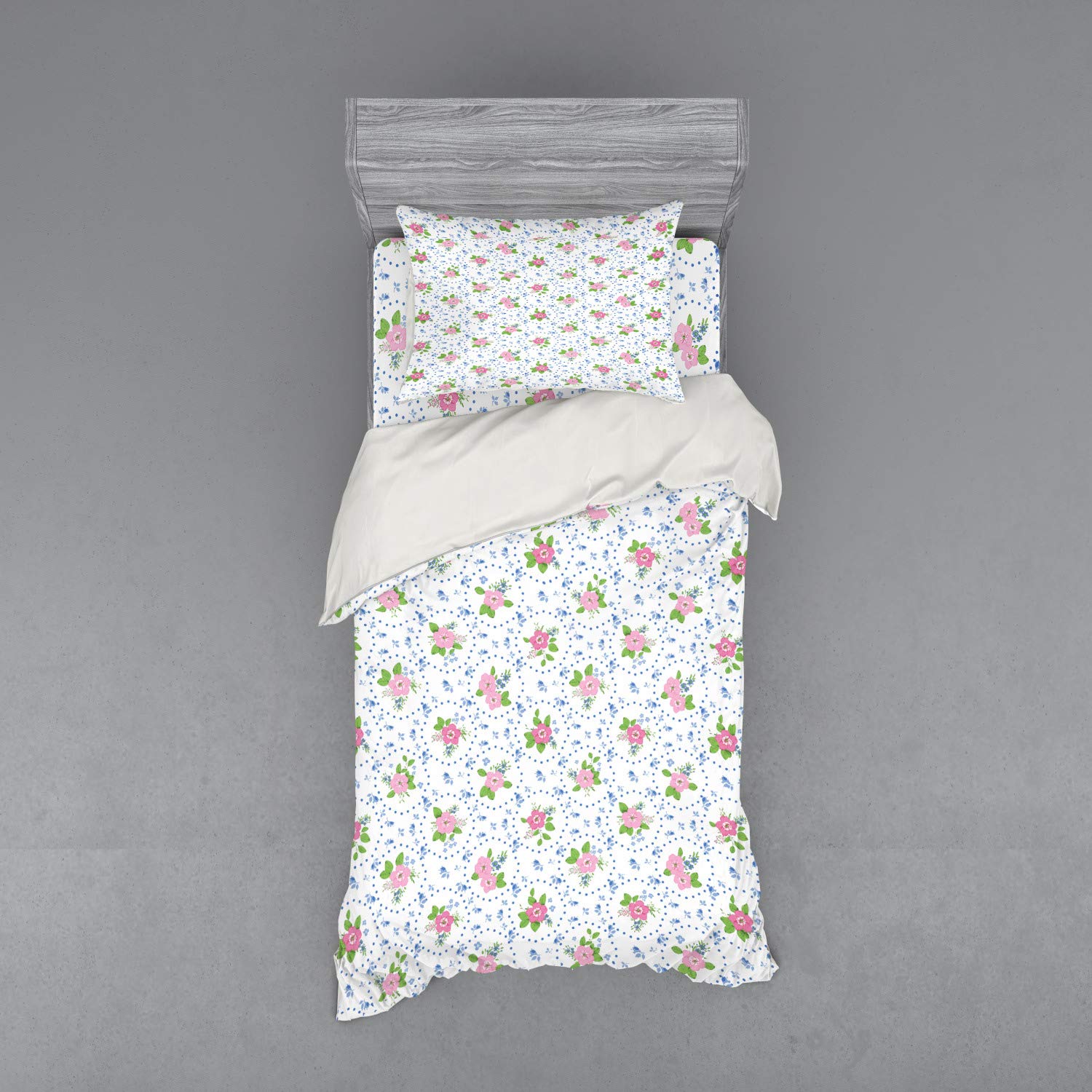 Ambesonne Shabby Floral Duvet Cover Set - Classic Peony Flowers with Circular Bouquets, 3-Piece Bedding Set Includes Sham & Fitted Sheet, Twin Size in Pink & Blue - Perfect for Romantic Bedroom Decor & Nature-Inspired Home Styling