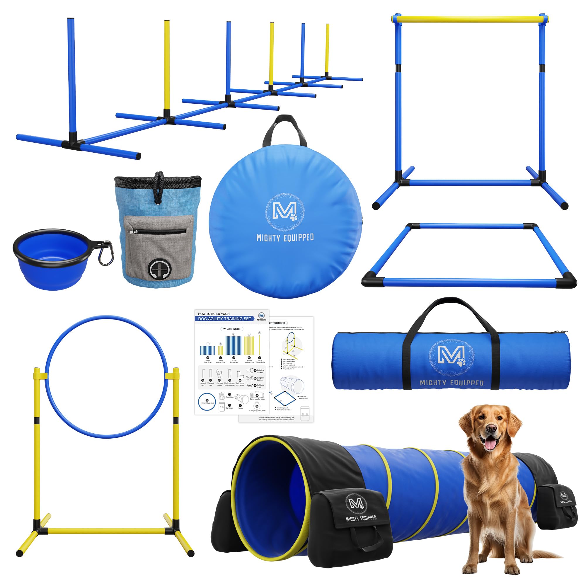 **Portable Dog Agility Training Kit - 9ft Tunnel, Weave Poles, Hoop Jumps & Collapsible Bowl for Backyard & Indoor Use - Perfect for Agility Practice, Exercise & Fun**