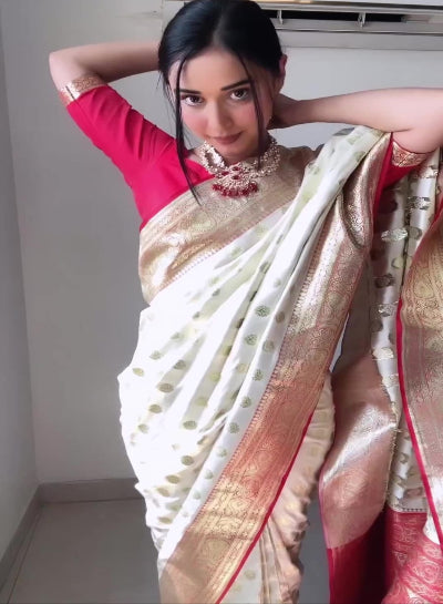 1 Minute Cream Red Gold Zari Stitched Ready Made Saree for Women - UK Next Day Delivery - Perfect for Weddings, Parties & Festive Occasions