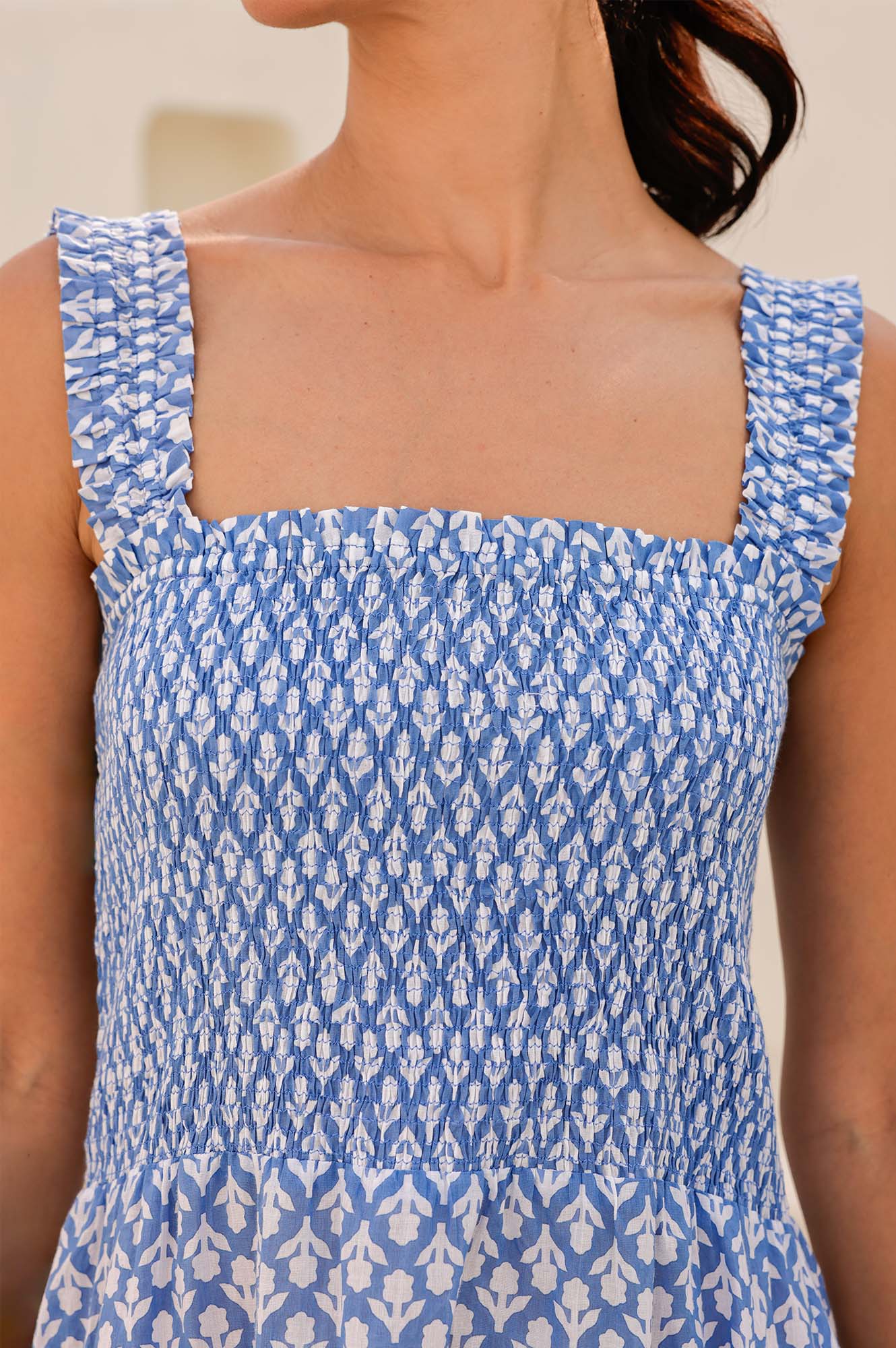 Rhianna Organic Cotton Dress with Floral Print - Cornflower Blue & White | Summer Casual Wear, Beach Outfit, Boho Style Fashion