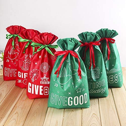 10PCS Christmas Drawstring Gift Bags - Festive Santa Fabric Pouches for Candy, Treats & Holiday Party Favors | Perfect for Christmas Wrapping, Stocking Stuffers & Secret Santa Gifts