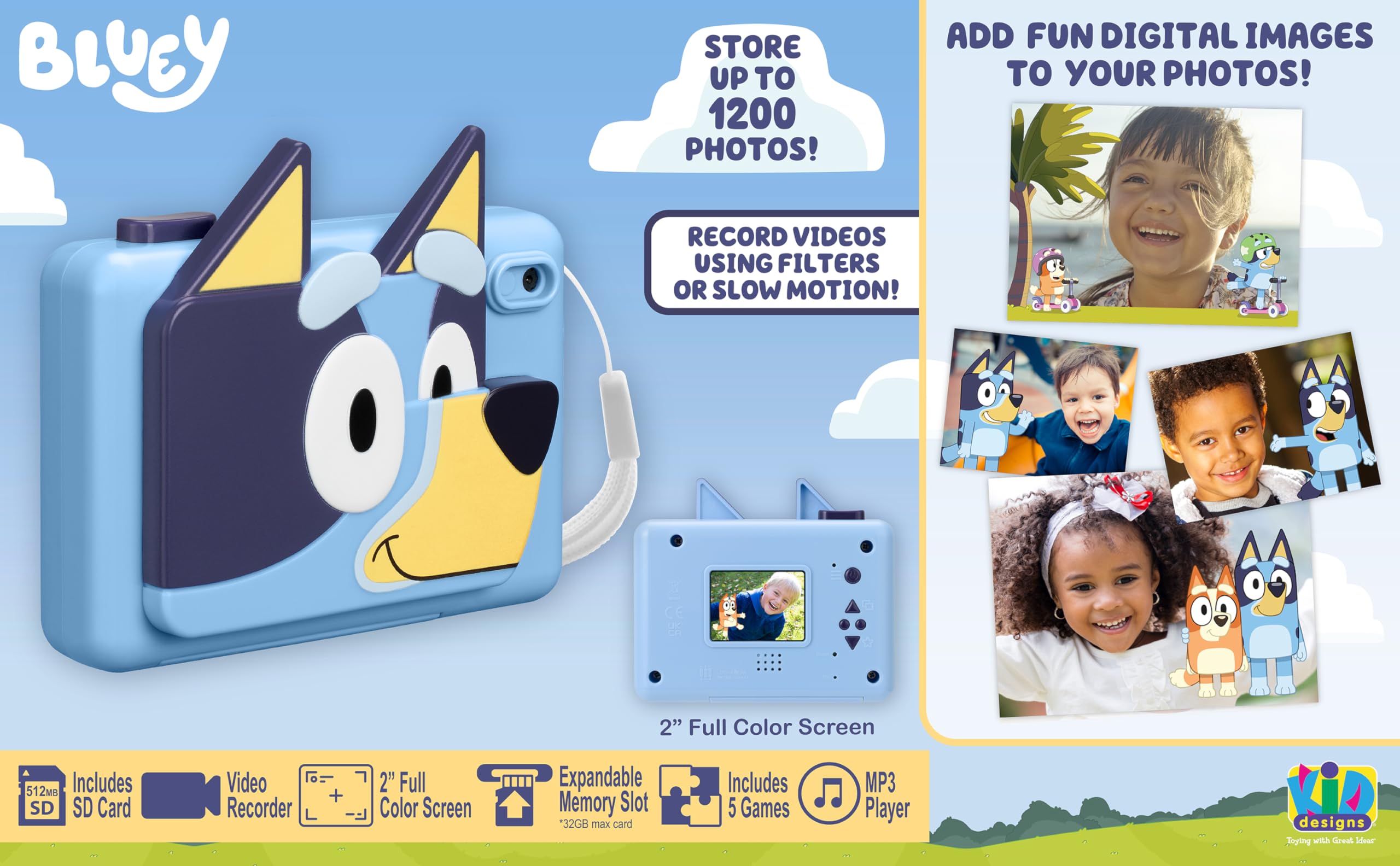Bluey Kids Digital Camera with Video Recording, 32GB SD Card & Built-in Stickers - Fun Toy Camera for Kids, Perfect Gift for Bluey Fans - Capture Memories at Parties, Travel & Family Events