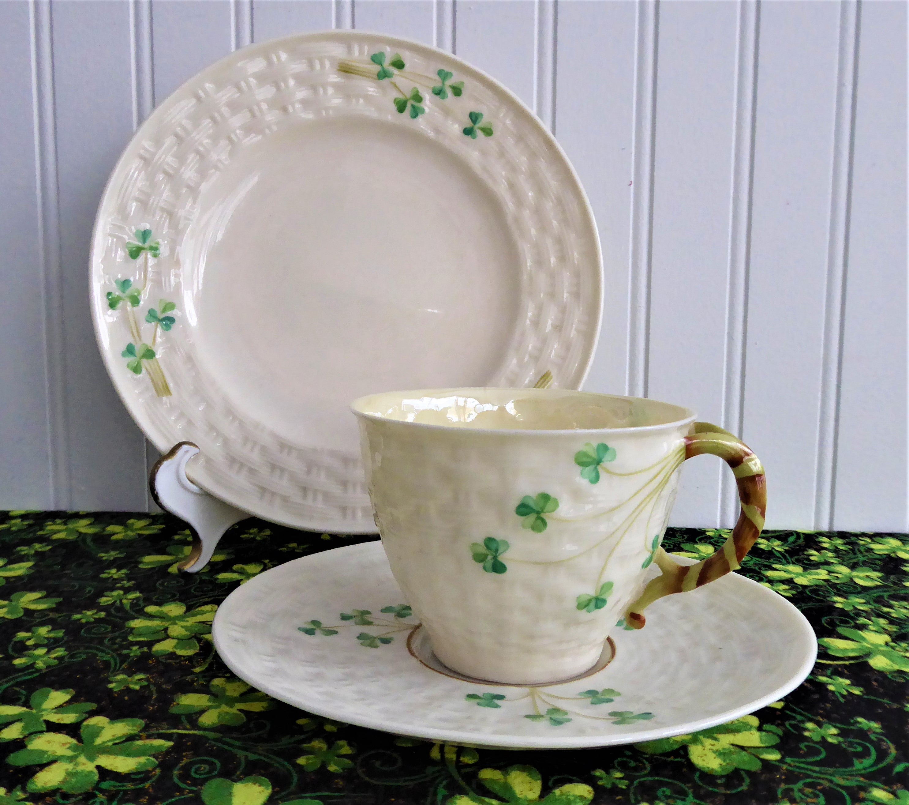 Vintage Irish Belleek Teacup Trio Set - Handcrafted Basket Weave Design with Shamrocks (1950s 4th Green Mark) - Perfect for Afternoon Tea, Collectible Irish Porcelain, Wedding Gift