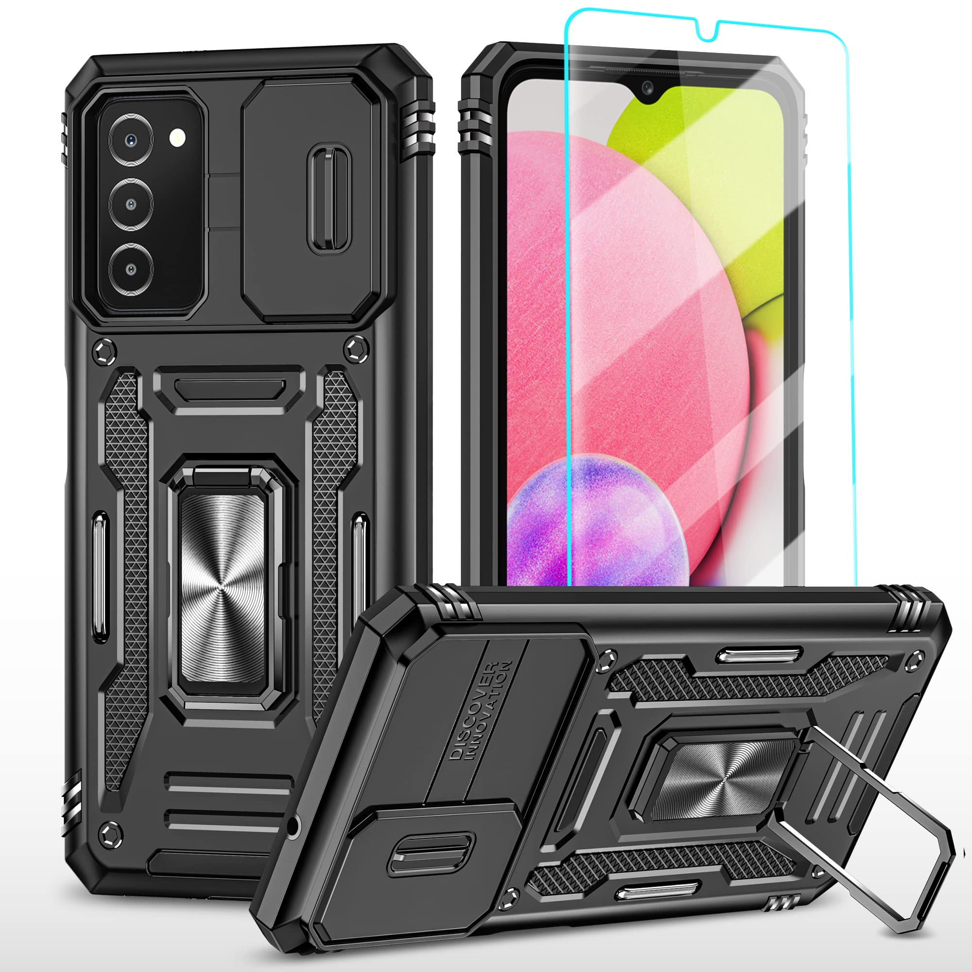 Galaxy A03S Case with Camera Cover & 360° Kickstand - Military Grade Shockproof Protective Phone Cover for Samsung A03S (Black) | Includes Screen Protector | Perfect for Outdoor Activities, Work & Travel