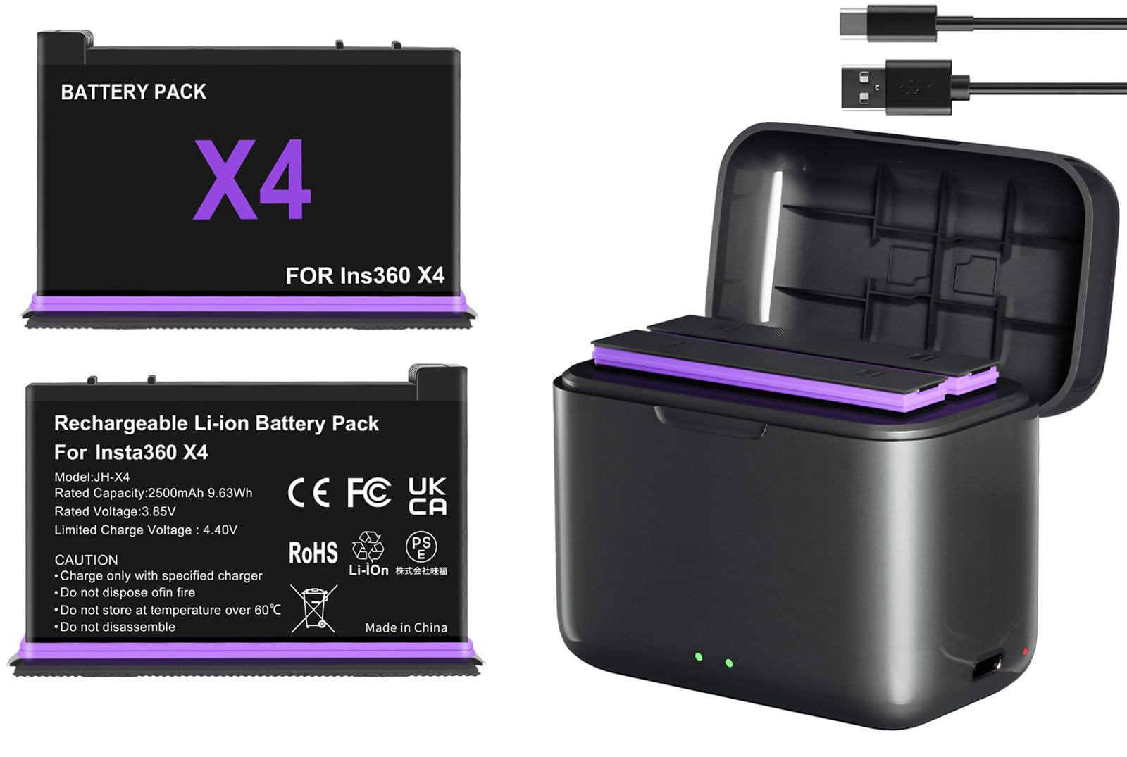 Insta360 X4 Battery Charger - 2Pcs 2500mAh Replacement Batteries with USB-C Charging Case, Waterproof & Snap-on Cover - Compatible with Insta360 X4 Action Camera - Perfect for Travel, Vlogging & Outdoor Adventures