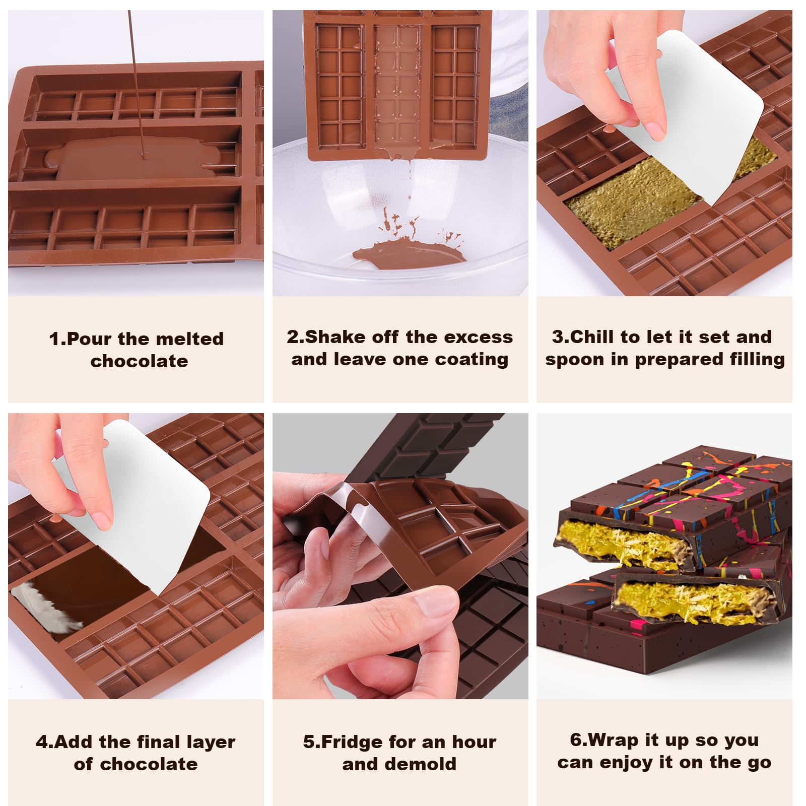 BABORUI 6 Cavity Silicone Chocolate Bar Mold with 100 Bags - Thick Deep Mold for Stuffed Chocolate Bars, Knafeh, Pistachio Filling - Perfect for Homemade Candy, Baking, Gifts & Party Treats (10 Snap)