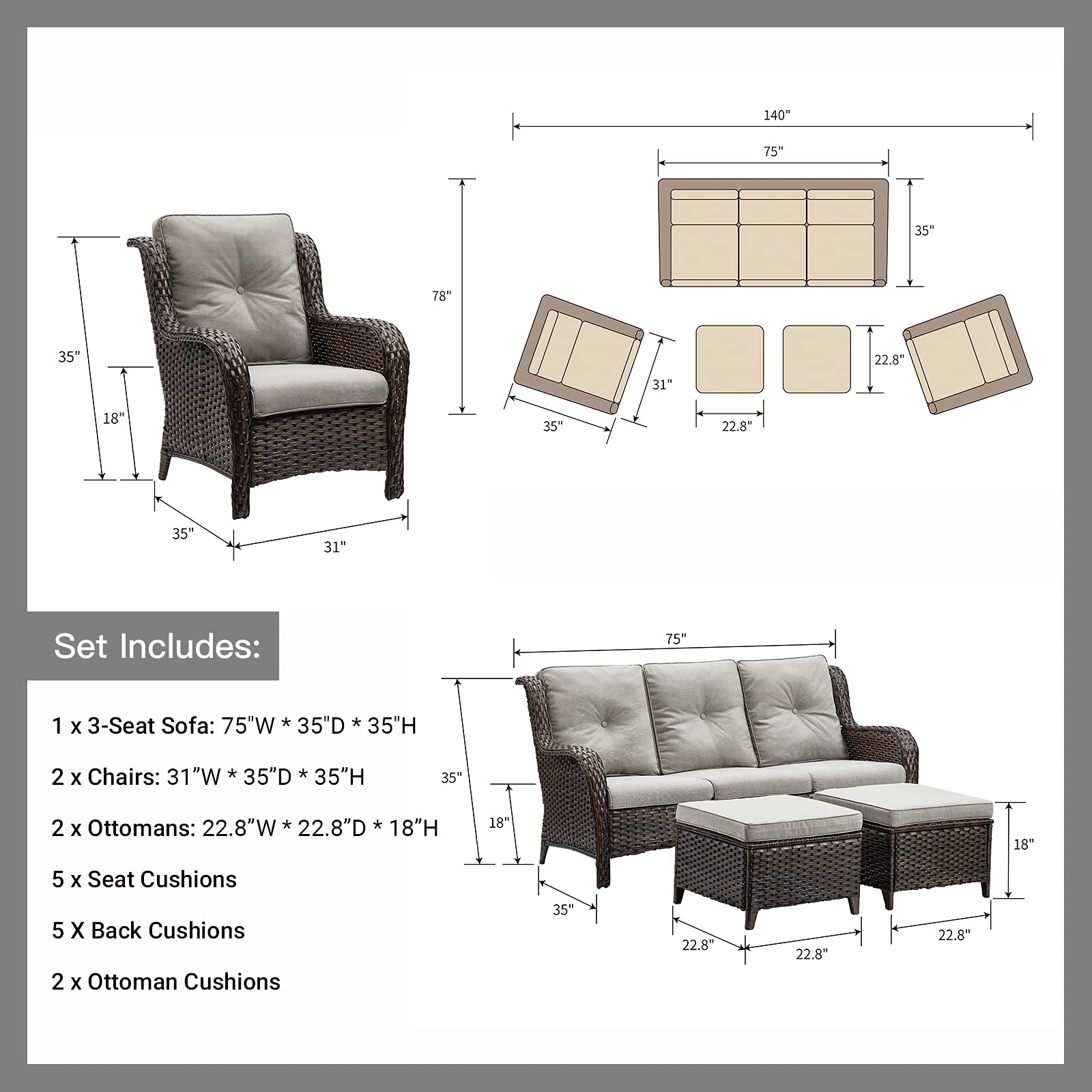 5-Piece Outdoor Patio Furniture Set - Rattan Wicker Sectional Sofa with 3-Seat Couch, 2 Armchairs & 2 Ottoman Footrests - Brown/Grey - Perfect for Garden, Backyard, Poolside & Outdoor Conversation Areas