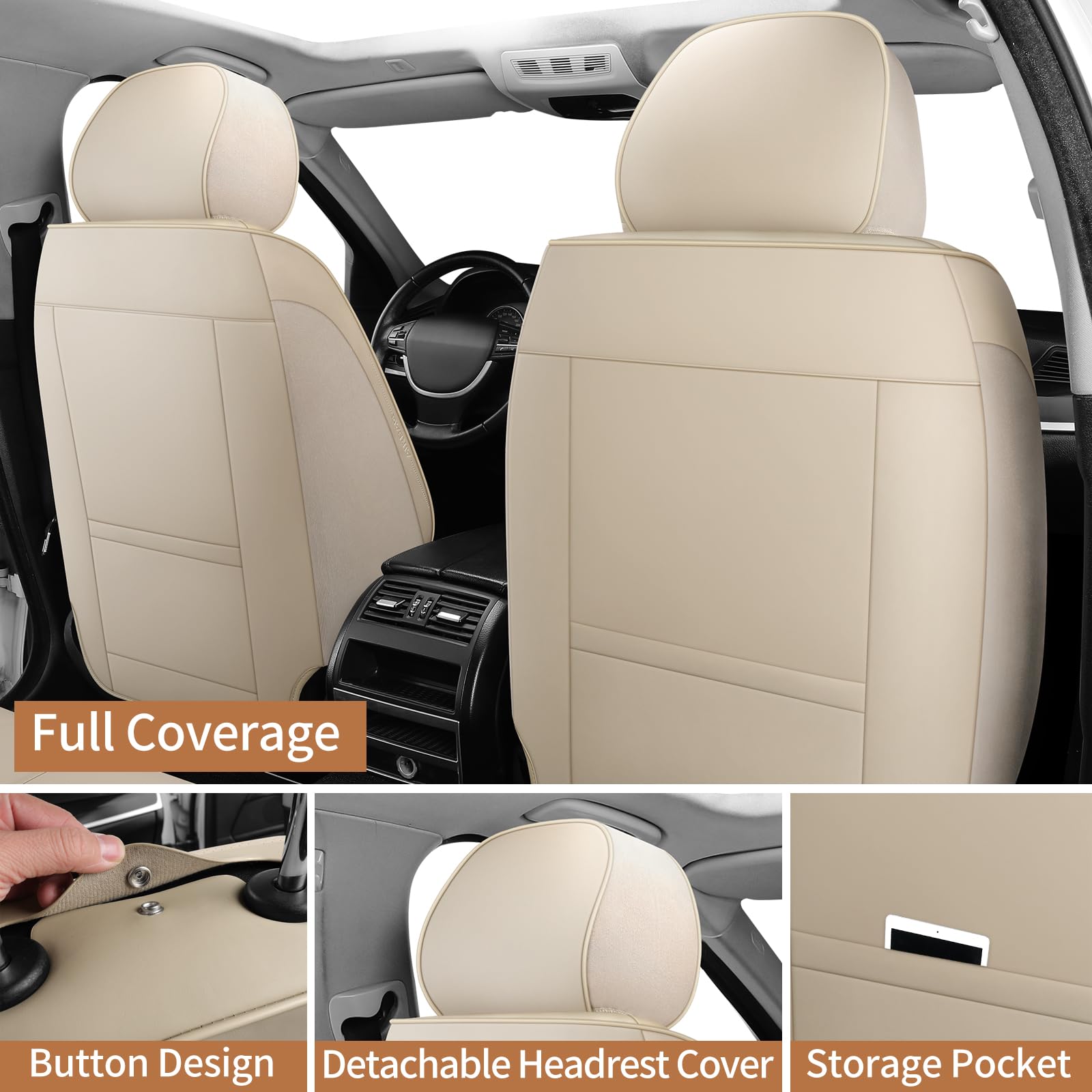 Breathable Leather Car Seat Covers - Waterproof Front Seat Protectors Universal Fit for Most Vehicles, SUVs, Trucks & Vans (Beige, Pair) | Perfect for Daily Commute, Road Trips & Family Travel