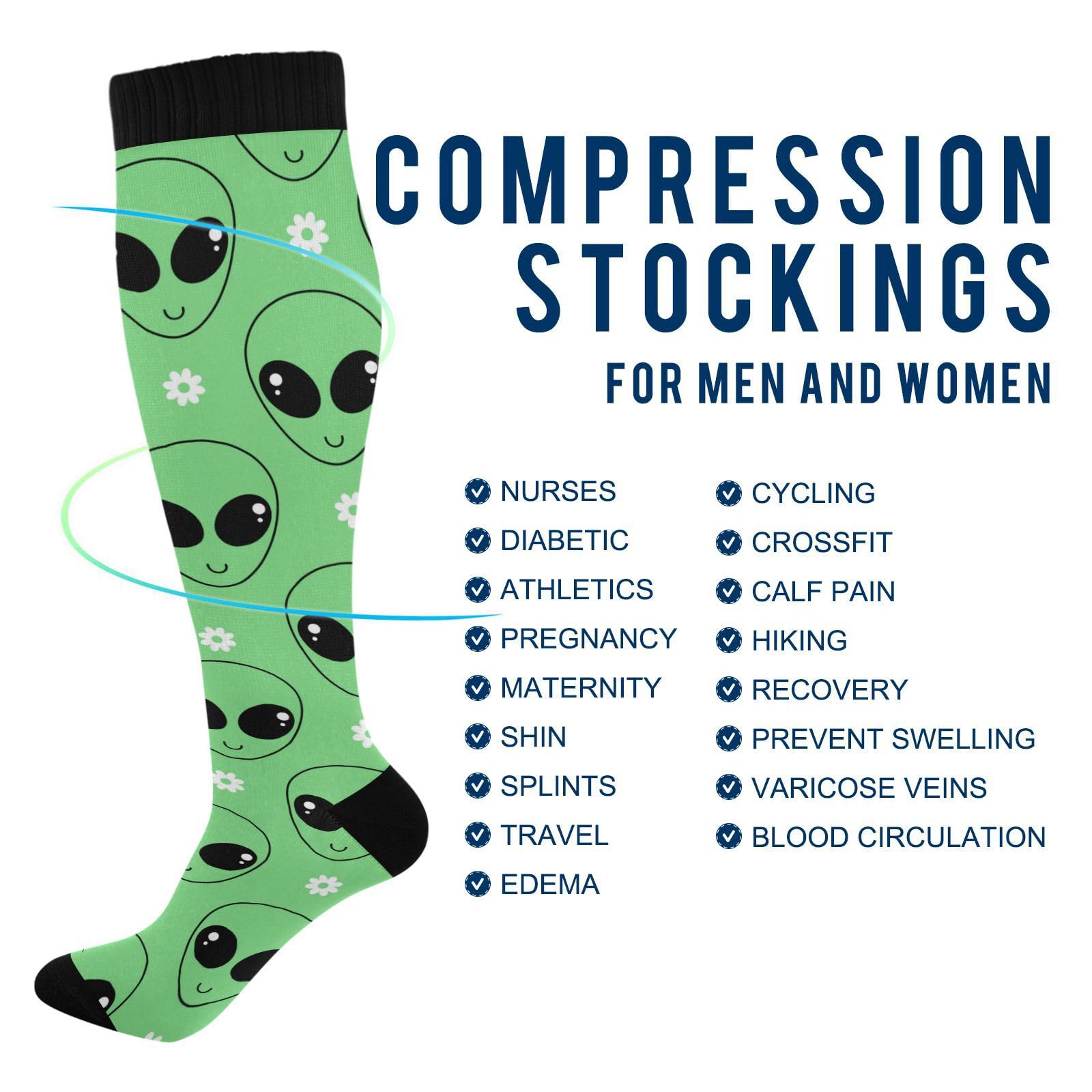 JUNZAN Alien Cartoon Knee High Compression Socks for Men & Kids - Running, Sports & Nurse Socks - One Size Fits Most - Perfect for Workouts, Nursing Shifts & Cosplay