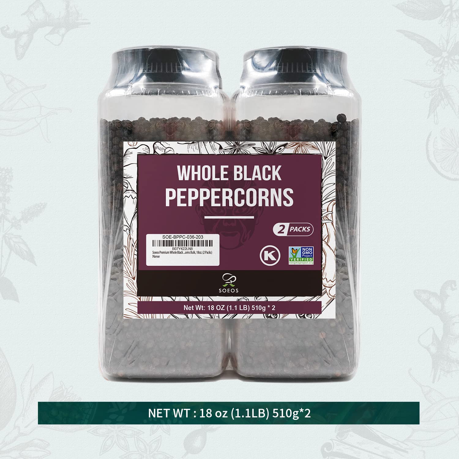 Soeos Premium Whole Black Peppercorns - 36oz (2-Pack) | Non-GMO, Kosher Certified | Freshness-Sealed for Grinder Refill | Ideal for Cooking, Seasoning & Gourmet Dishes