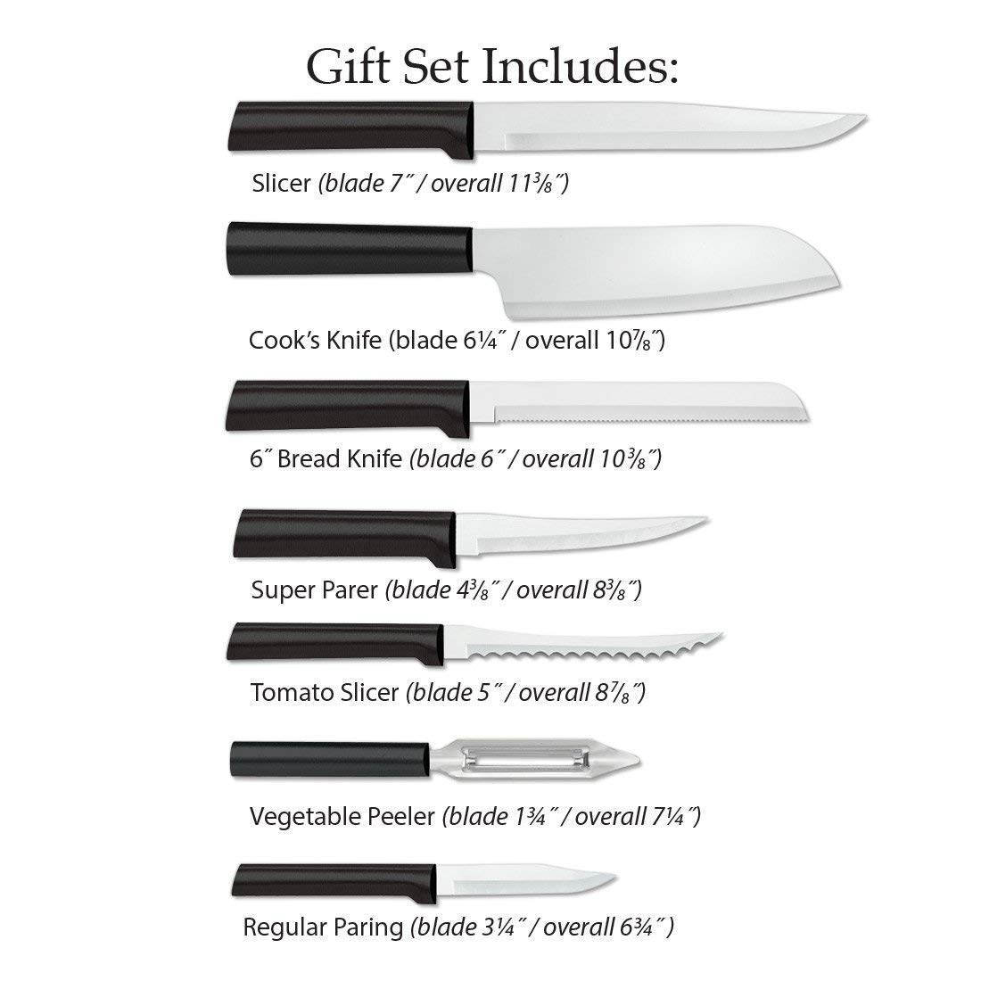 Rada Cutlery 7-Piece Knife Set with Sharpener - High-Quality Kitchen Knives with Black Handles - Perfect for Home Cooking, Wedding Gifts & Starter Chef Kits