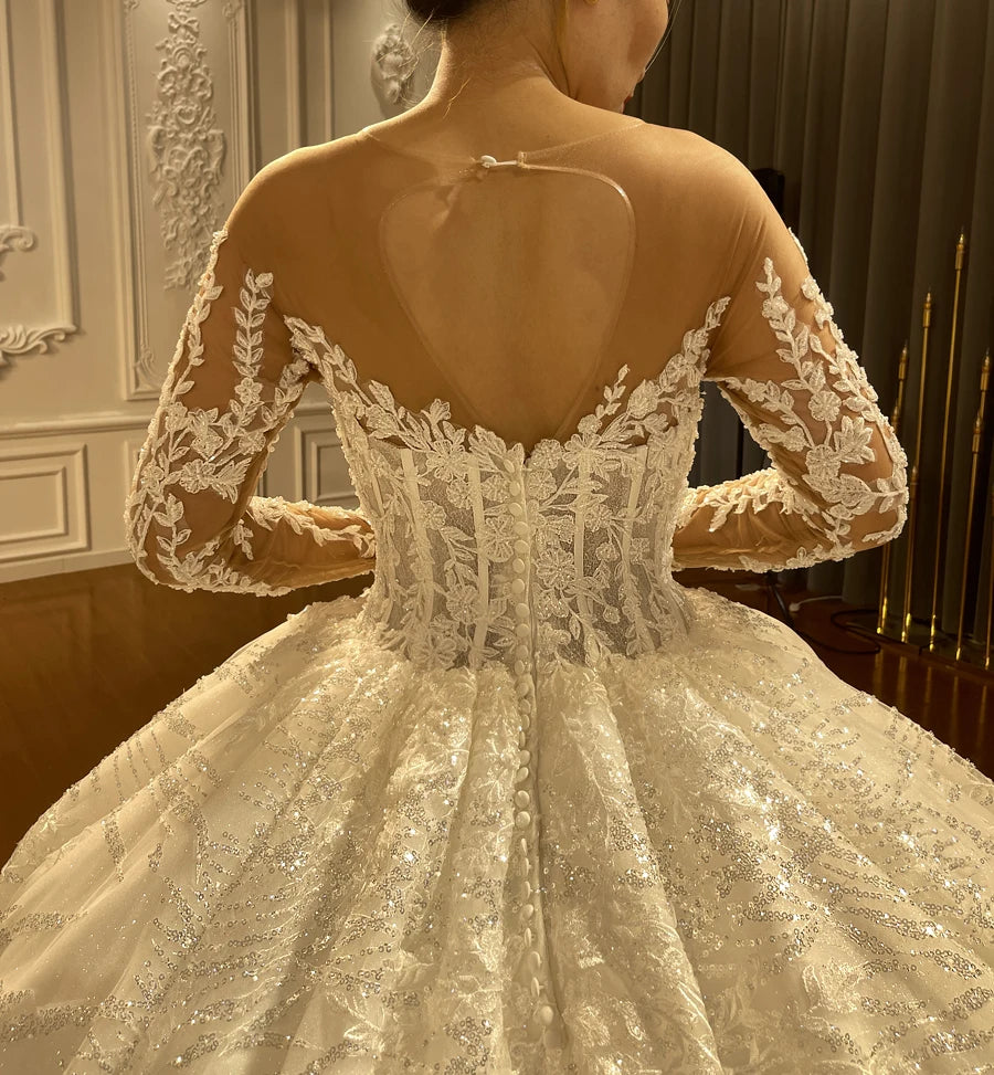Elegant Long Sleeve Off-White Lace Ball Gown Wedding Dress - Luxury Bridal Gown for Romantic Ceremonies & Formal Events