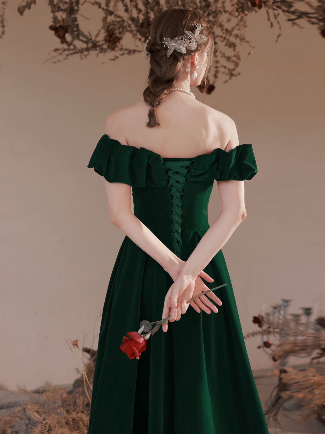 Elegant Off Shoulder A-Line Velvet Green Long Prom Dress for Women - Formal Evening Gown for Homecoming, Ball, Party & Special Occasions