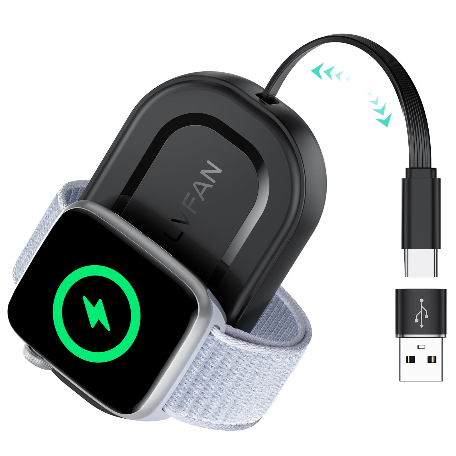 LVFAN Fast Magnetic Charger for Apple Watch Series 10/9/8/7/6/5/4/SE/Ultra 2 - Retractable USB-C & USB-A Charging Cable - Portable Travel Wireless Charger for Gym, Office & Home Use