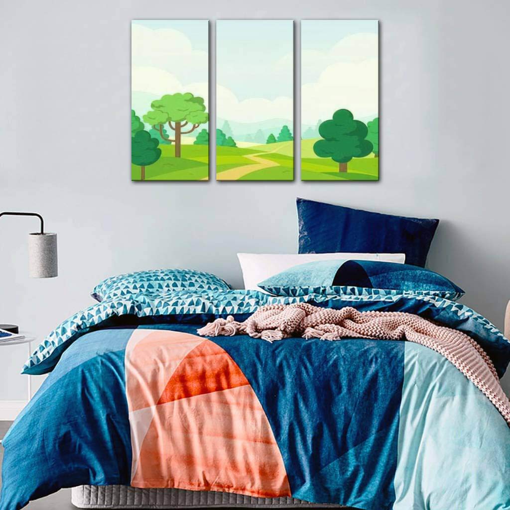 Vector Nature Landscape Canvas Wall Art - Simple Cartoon Style Paintings for Living Room & Bedroom Decor - 3 Panel Home Wall Decor Posters - Perfect for Modern Housewarming Gifts & Cozy Interior Design