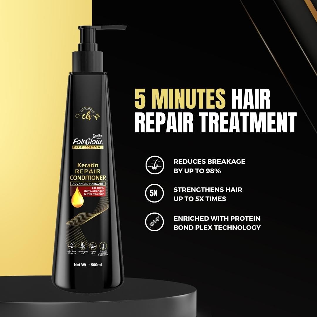 Corlin Fair Glow Keratin Repair Conditioner 500ml - Deep Moisturizing for Silky, Shiny, Stronger & Frizz-Free Hair | Salon-Quality Hair Treatment for Damaged & Dry Hair at Home