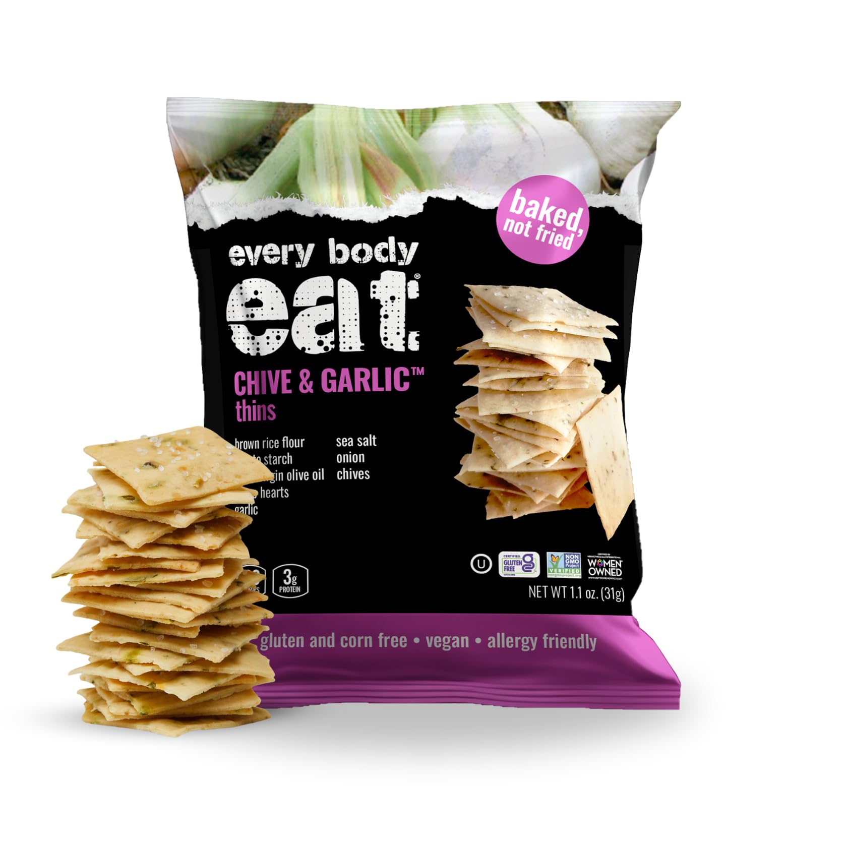 Every Body Eat Snack Thins - Chive & Garlic Flavor | Gluten Free, Dairy Free, Vegan | Perfect for School Lunches, Office Snacks & On-the-Go (20 Single Serve Packs)