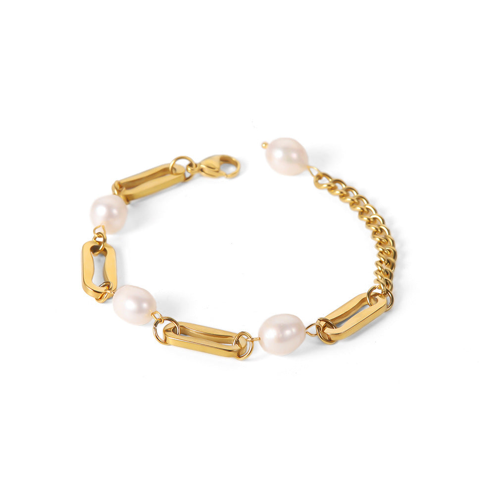 Chunky Pearl Rectangle Chain Link Bracelet for Women - Elegant Fashion Jewelry Gift for Birthday, Anniversary & Party | JDB069