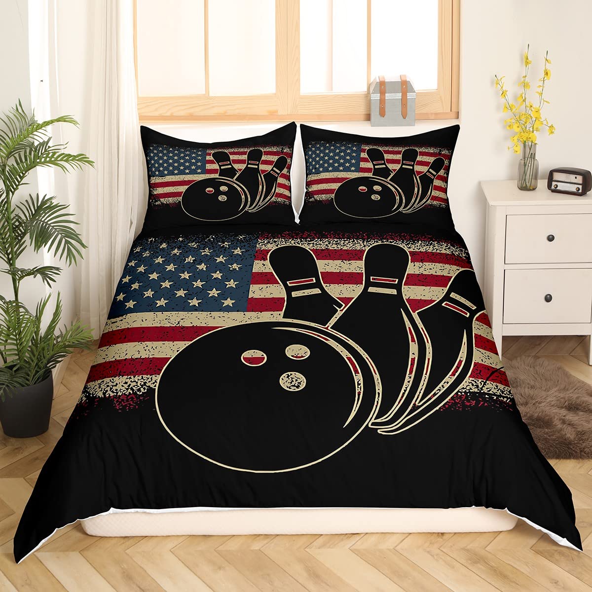American Flag Bedding Set - Twin Size Bowling Themed Duvet Cover 2pc Set | Red & White Striped Quilt Cover for Boys & Girls Bedroom | Lightweight Soft Comforter with Retro US Flag Design - Perfect for Sports Fans, Patriotic Decor, and Cozy Bedroom Makeovers