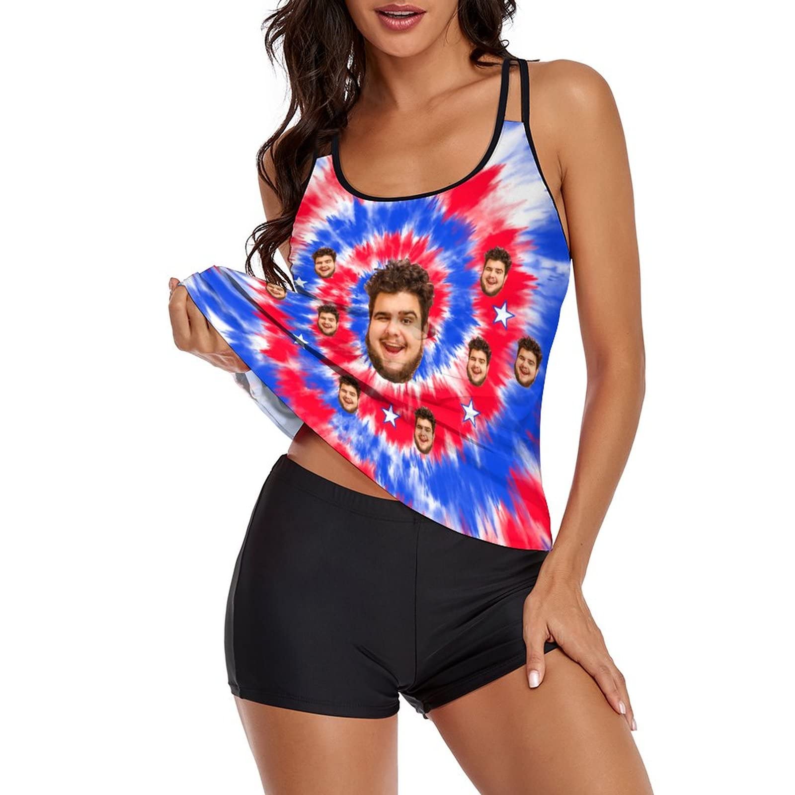 Custom Personalized Face Print Tankini Swimsuits for Women - 2 Piece Bathing Suits with Husband/Boyfriend Photo - Matching Swim Shorts & Top for Beach, Pool & Vacation