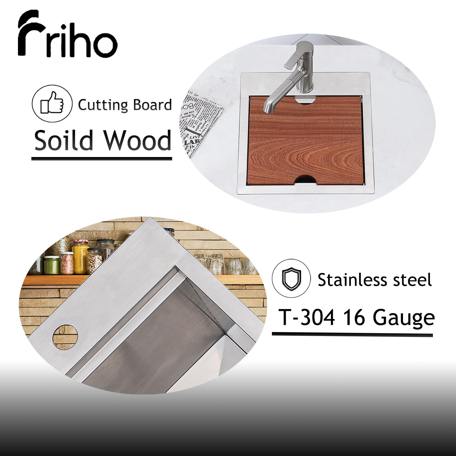 Friho 15 x 15 Inch Stainless Steel Single Bowl Topmount Kitchen Sink - Handmade Bar Prep Sink for Outdoor RV Use with Cutting Board | Perfect for Small Kitchens, Food Prep, and Camping