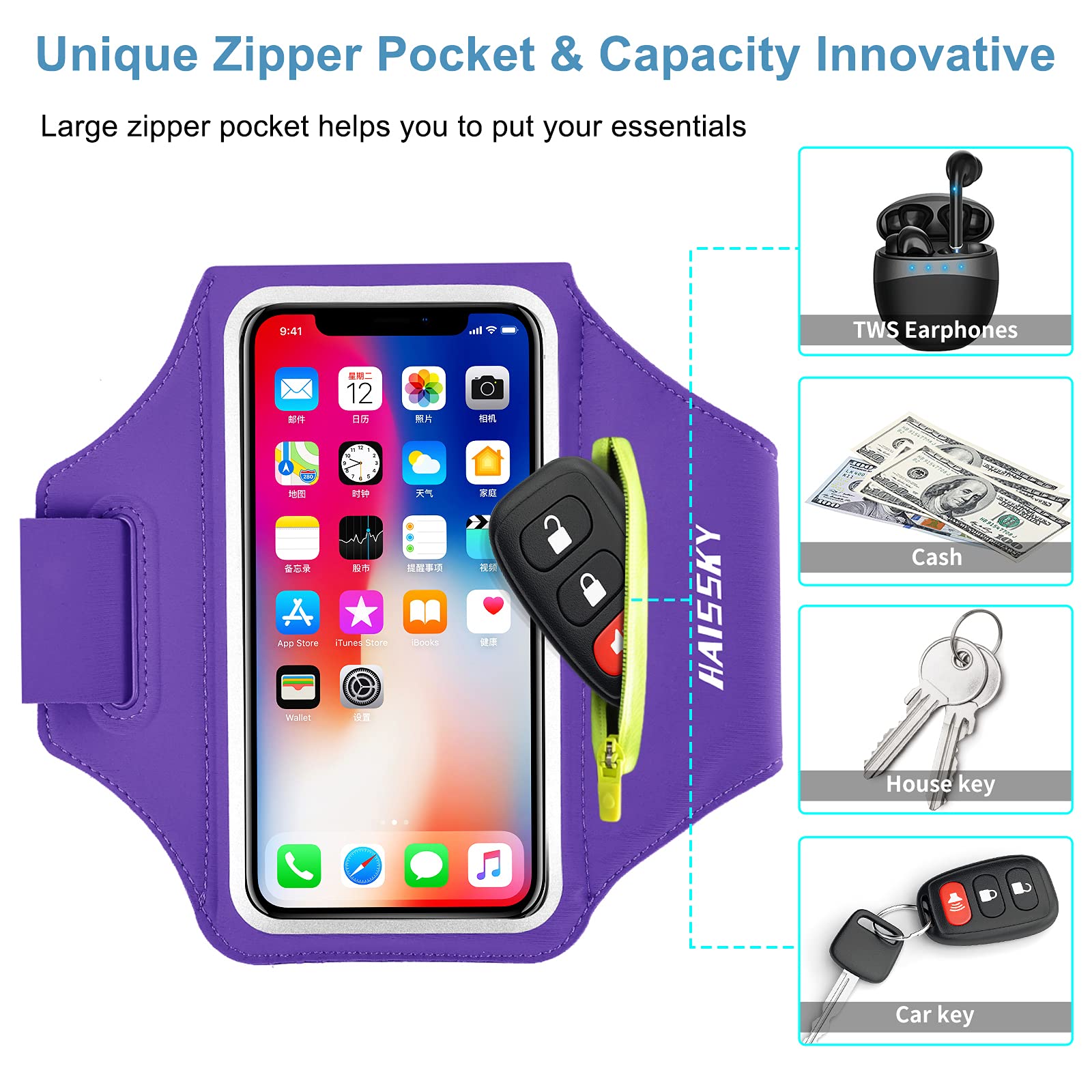 Running Armband for iPhone 15/14/13/12/11 Pro Max & Galaxy S20/S10 - Sweatproof Phone Holder with Zipper Pocket for AirPods & Card/Key Storage - Perfect for Jogging, Gym Workouts & Outdoor Activities