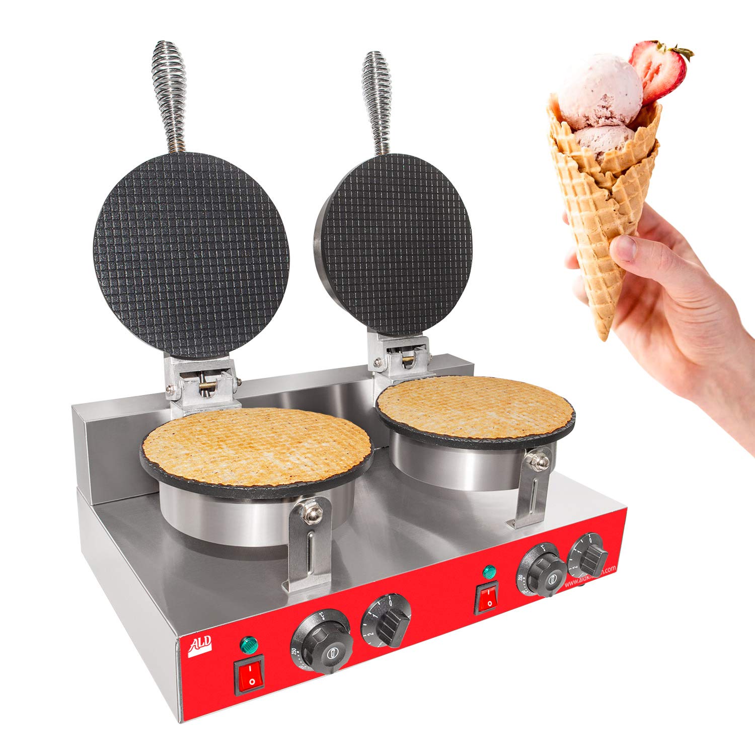 ALDKitchen Commercial Waffle Cone Maker - 2-Head Stainless Steel Nonstick Waffle Roll Machine for Ice Cream Cones | 110V | Perfect for Ice Cream Shops, Bakeries & Dessert Businesses