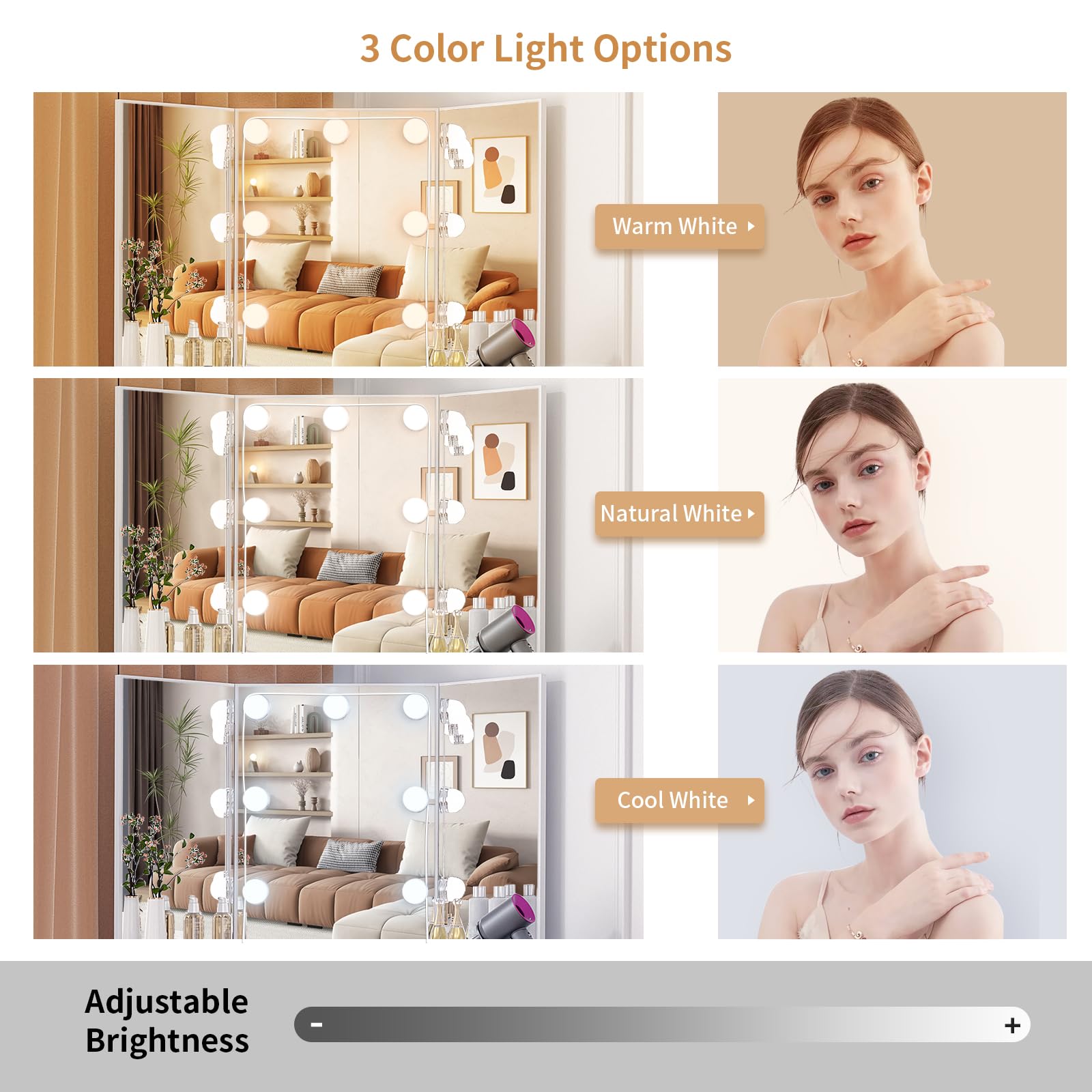 VOWNER Lighted Vanity Desk with Power Outlet & Stool - Adjustable 3-Color LED Mirror with Brightness Control, 5 Sliding Drawers & Storage Shelves - White Makeup Dressing Table for Bedroom, Home Salon & Beauty Room Organization
