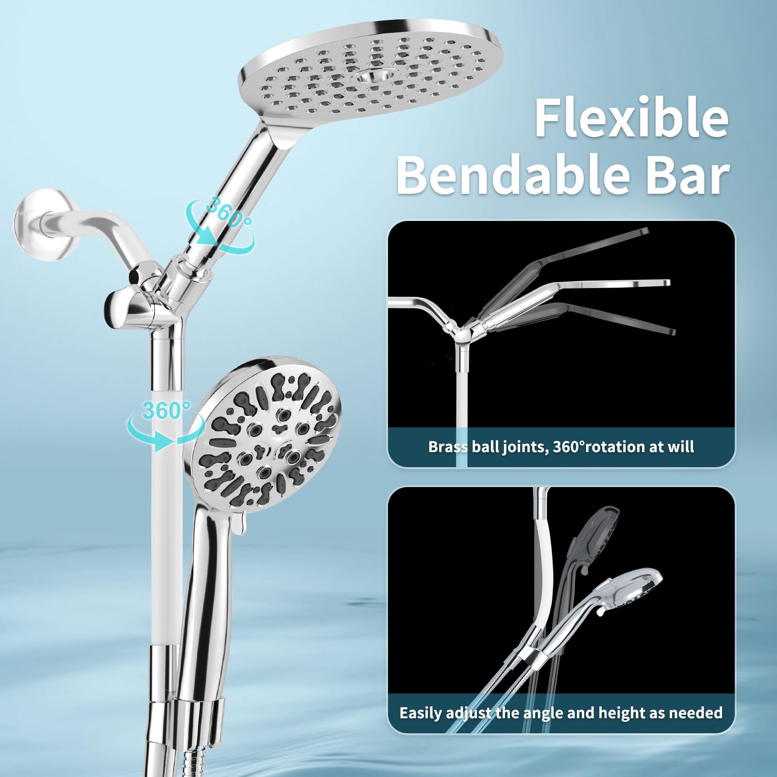 EAARSUO Dual Shower Head Combo - High Pressure Rainfall & Handheld Shower Head with 9 Spray Modes, Adjustable Bendable Bar & Waterfall Showerhead (Chrome) - Perfect for Bathroom, Spa, and Relaxation