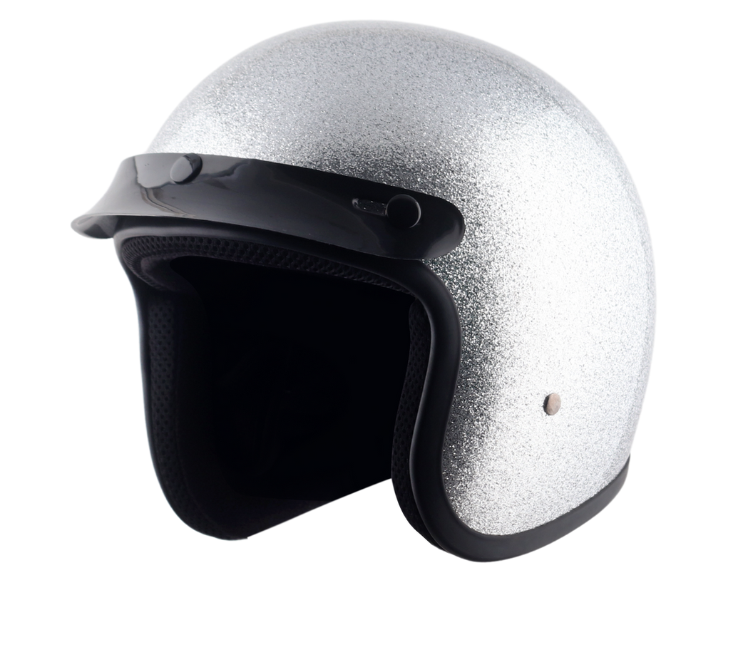 Classic Super Low Profile 3/4 Motorcycle Helmet - Silver Metal Flake Finish - Lightweight DOT Approved for Cruiser & Street Riding
