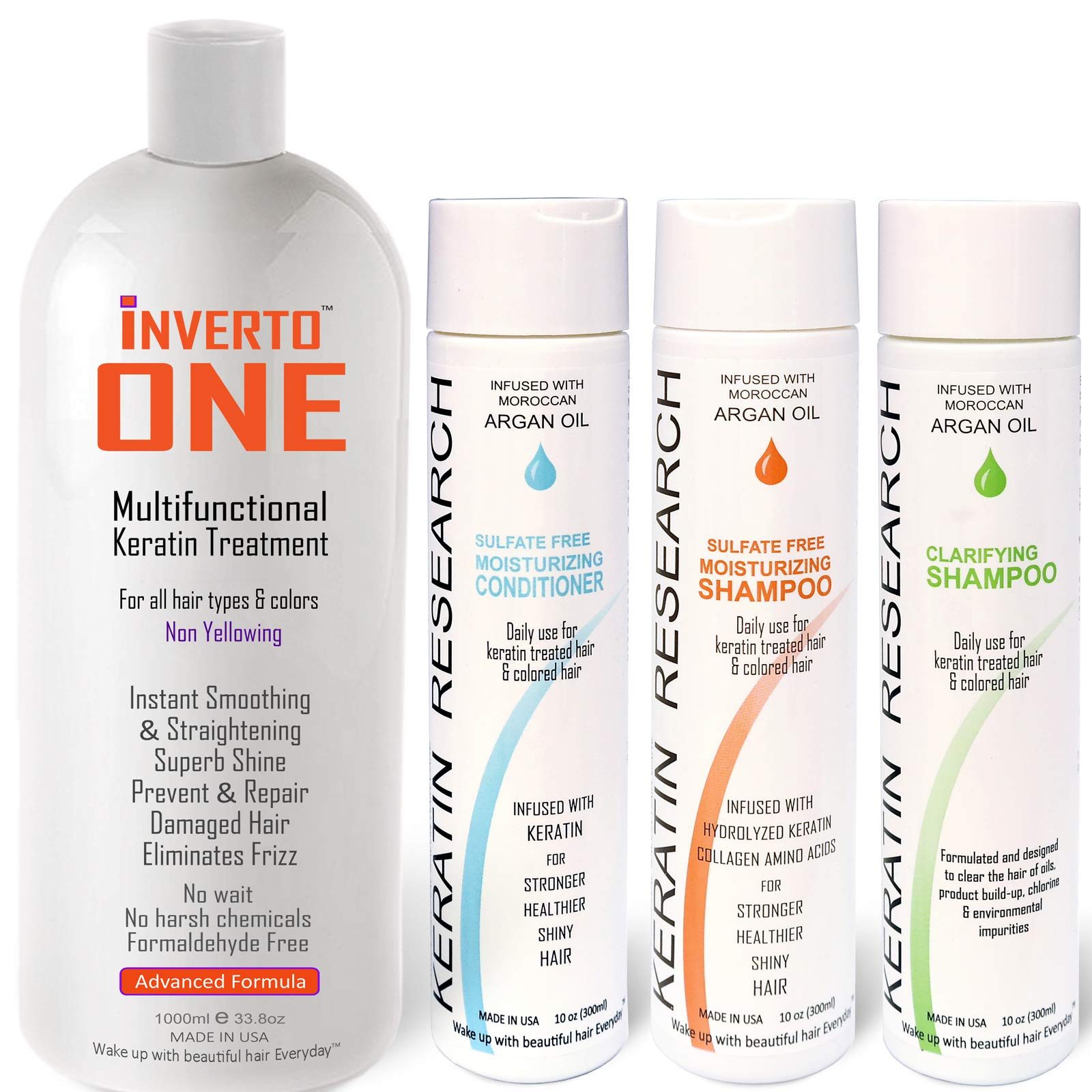 INVERTO ONE Complete 4 Bottle XL SET - Brazilian Keratin Hair Treatment for Professional Blowout | Formaldehyde-Free Complex to Straighten & Smooth Hair | Salon-Quality Results at Home | Perfect for Damaged, Frizzy or Curly Hair Types