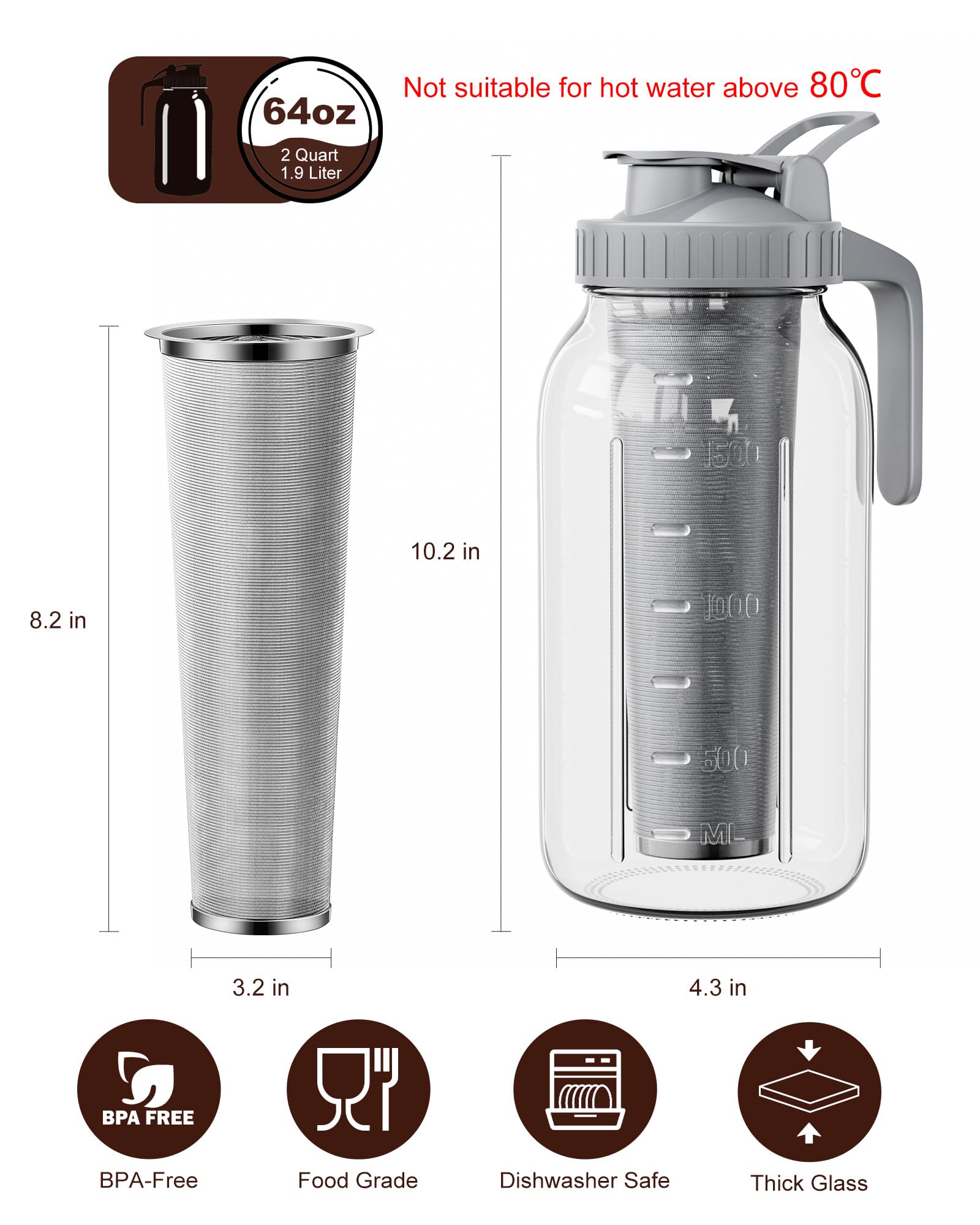 Premium 64oz Cold Brew Coffee Maker with 304 Stainless Steel Filter - Iced Coffee Pitcher with Lid & Spout - Large Mason Jar Design (Grey) - Perfect for Home, Office & Outdoor Use