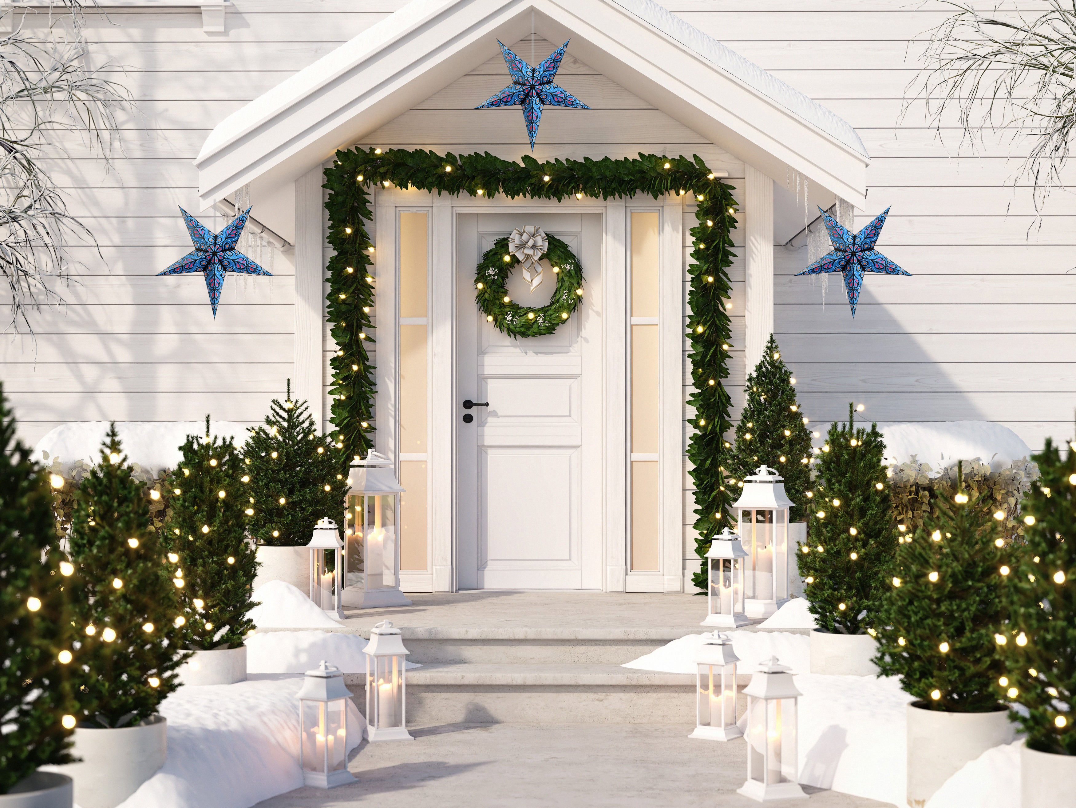 3 Pack 24 Inch Blue Astral Bloom Paper Star Lanterns with Triple Pendant Lights - Hanging Decor for Bedroom, Party, Wedding & Outdoor Events