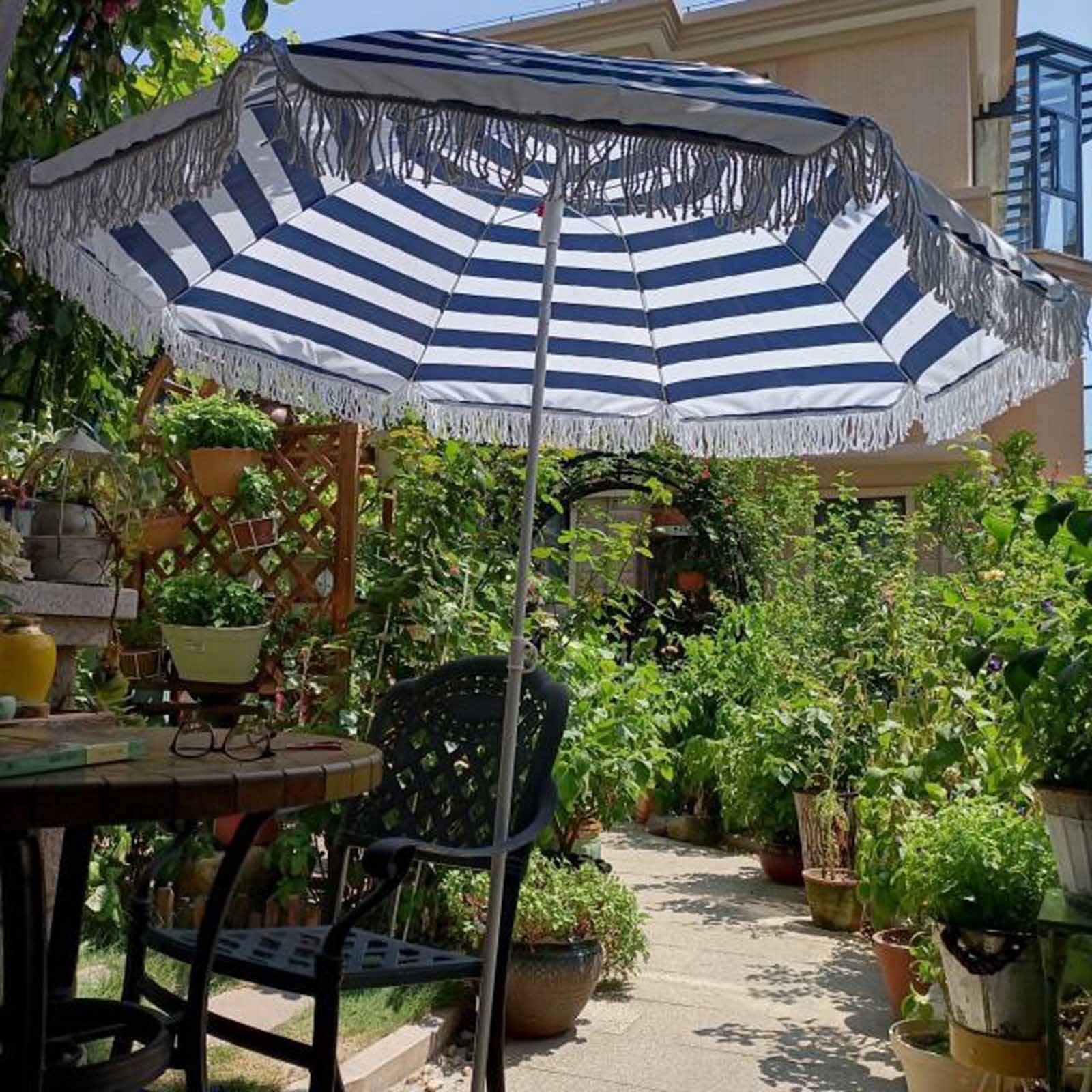JLXJ Blue & White Striped Waterproof Windproof Beach Umbrella with Fringe - 1.8m Outdoor Sun Shade for Patio, Poolside, Backyard & Balcony | Perfect for Summer Relaxation, Beach Trips & Outdoor Dining