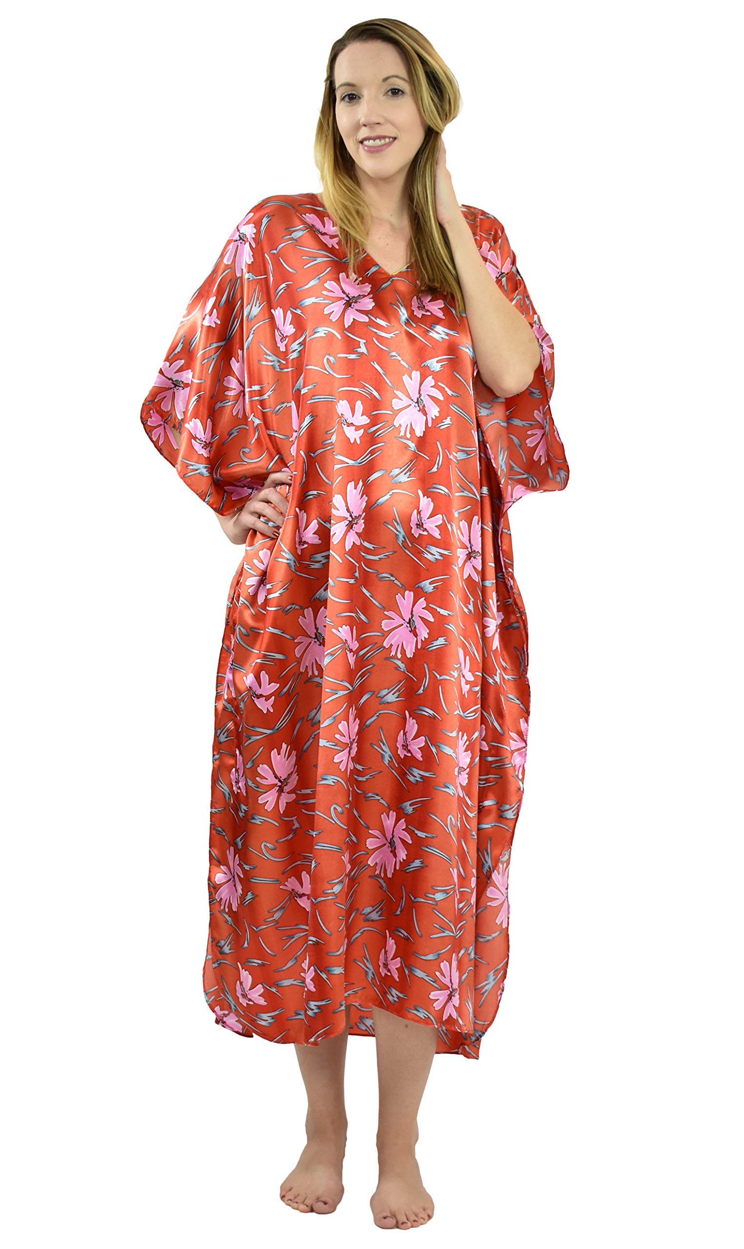 Up2date Women's Satin Caftan Dress - Red Underwater Lilies Print, Elegant Loose Fit Beach Cover Up, Plus Size CAF-46C5 | Perfect for Pool Parties, Vacations & Summer Outfits