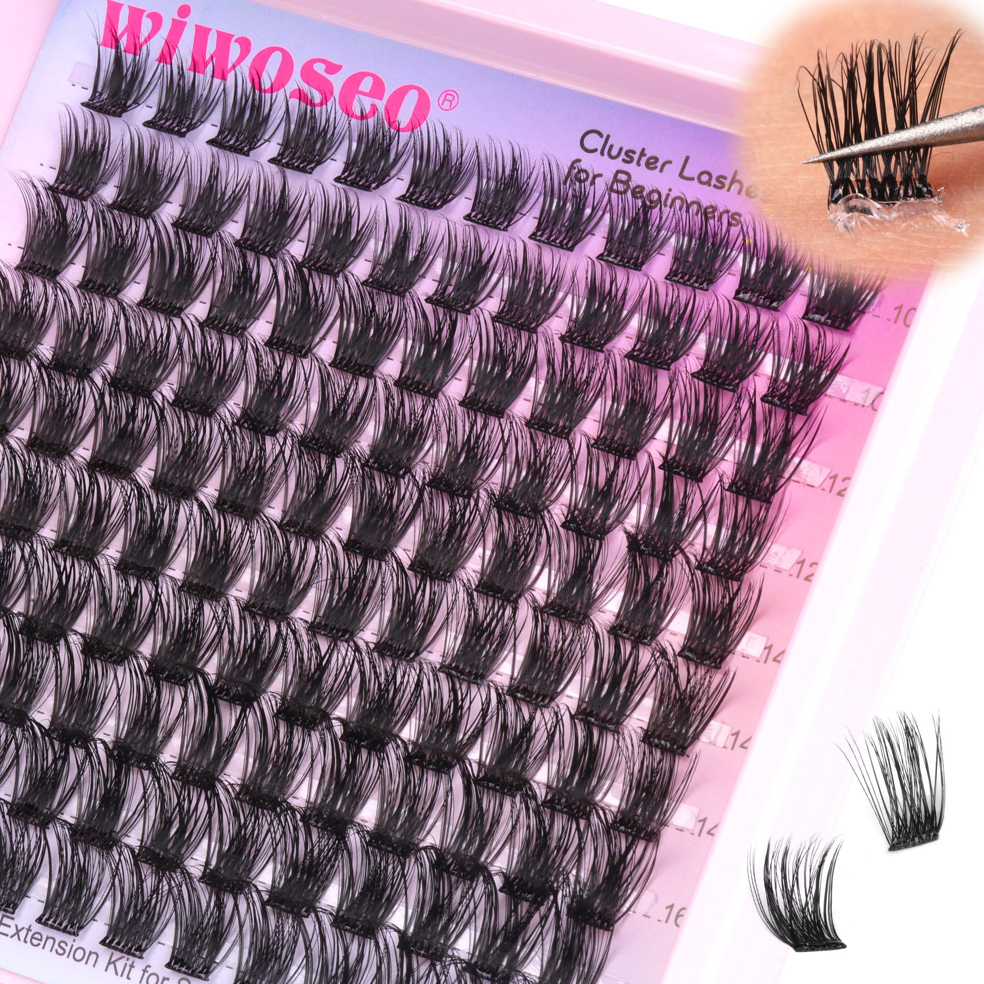 Wiwoseo Self-Adhesive Eyelash Clusters - No Glue Needed, Pre-Glued Individual Lashes with Clear Band, Russian Volume D-Curl, Waterproof Eyelash Extensions for Natural Look | Perfect for Daily Wear, Parties & Special Occasions