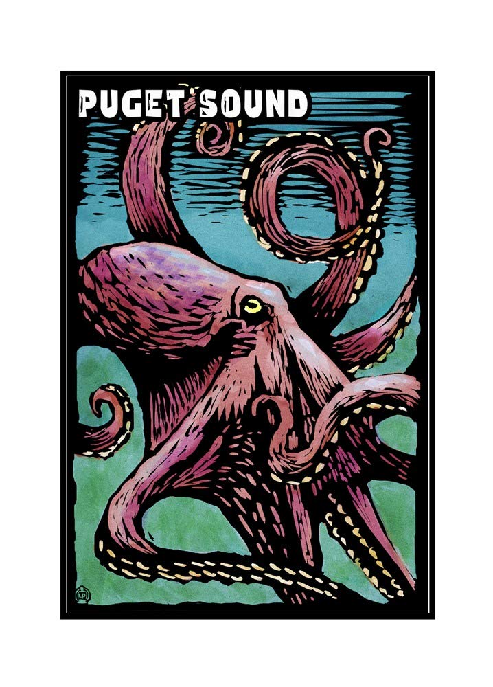Puget Sound Washington Octopus Art - 24x36 Framed Gallery Wrapped Canvas Print - Scratchboard Style Marine Life Wall Decor for Living Room, Office & Coastal Home Decor