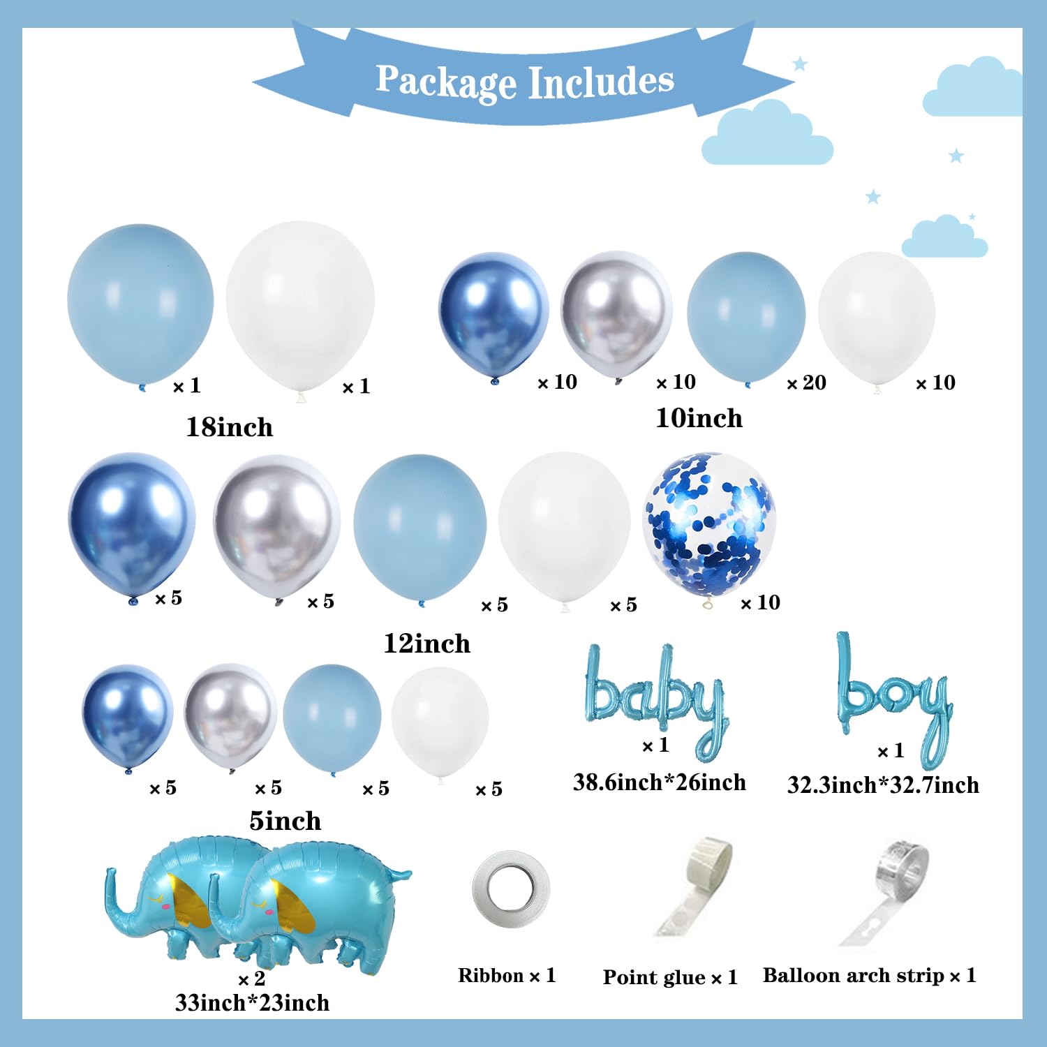 Baby Boy Shower Decorations Kit - Elephant Balloon Garland, Backdrop, Tablecloth & Letters for Baby Shower Party Supplies | Perfect for Gender Reveal, First Birthday & Nursery Decor (Blue)