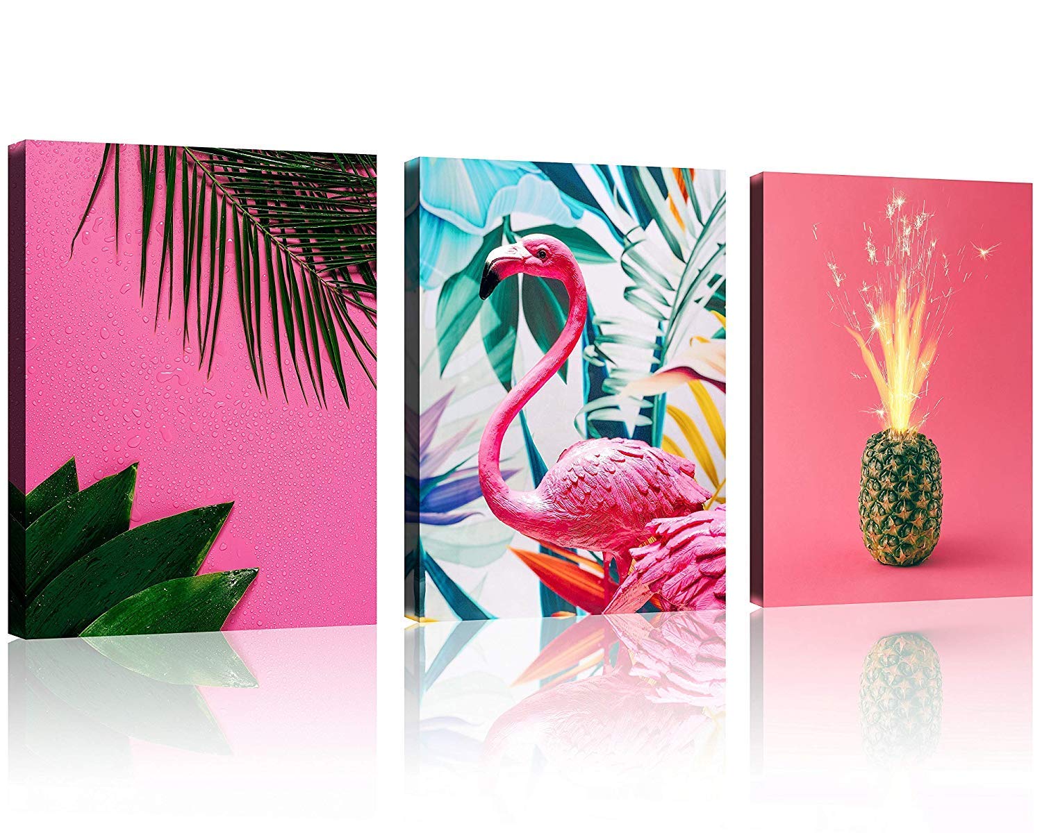 TutuBeer 3-Panel Tropical Wall Art Set - Pink Flamingo & Pineapple Decor for Bedroom, Bathroom, Living Room - 12