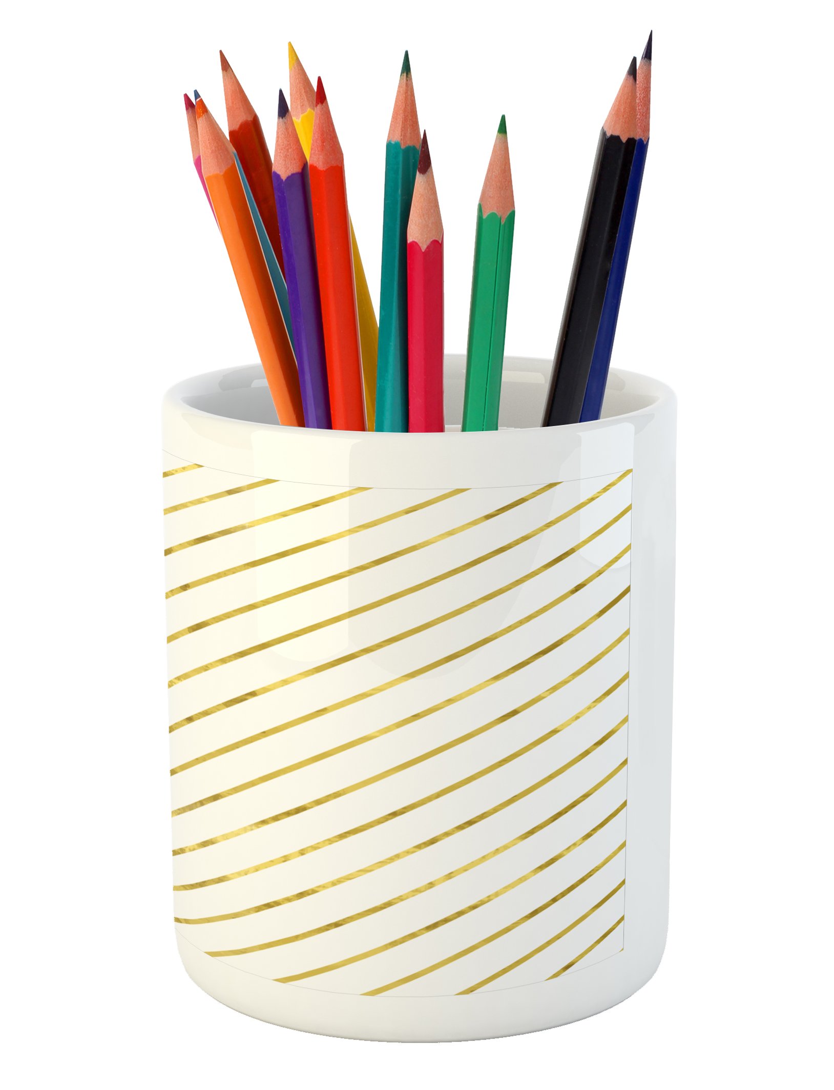 Ambesonne Striped Ceramic Pen Holder - Modern Abstract Diagonal Lines Design for Office Desk Organizer, White & Yellow - Perfect for Home Office, School, and Workspace Organization