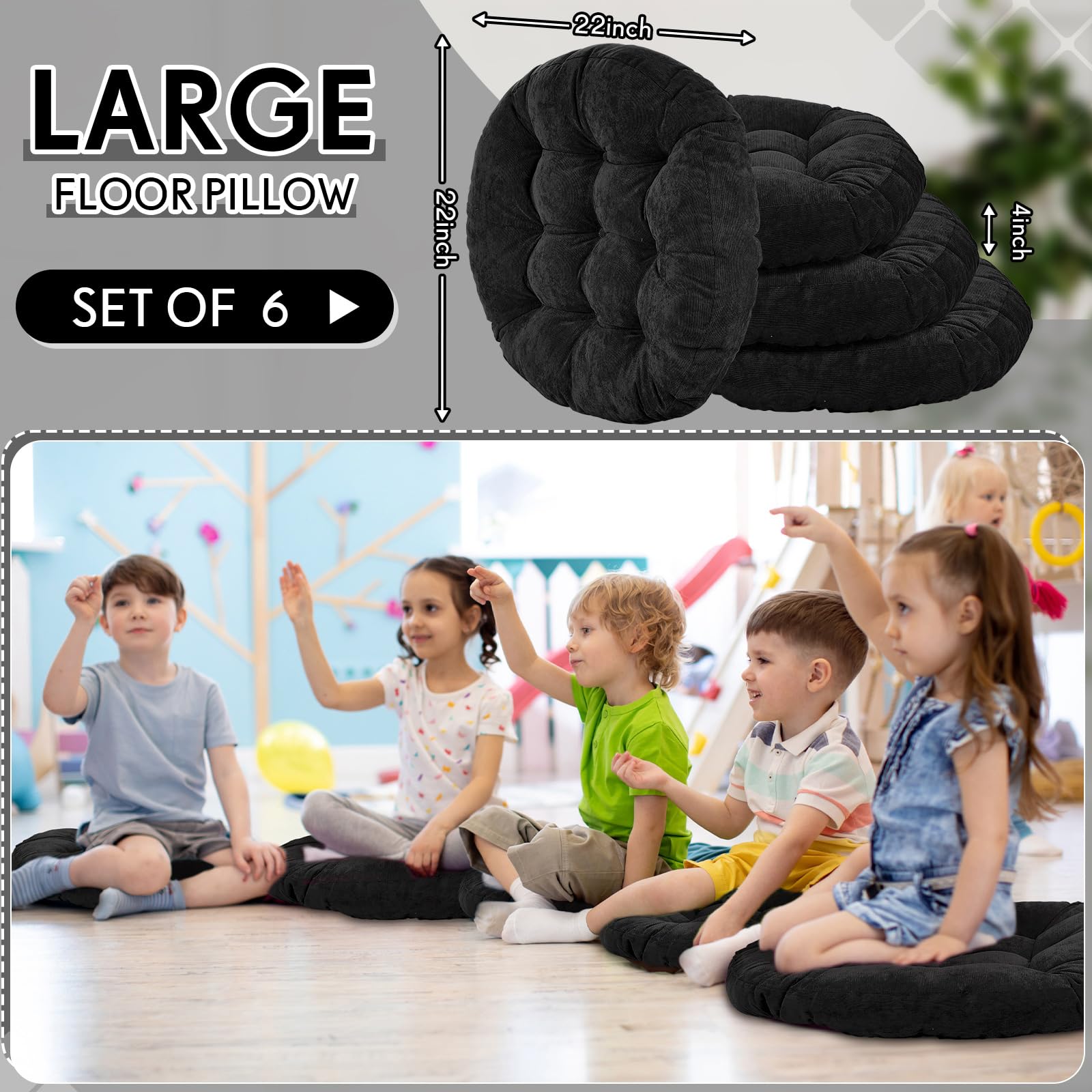 Jerify 22x22 Inch Round Floor Pillows - Large Meditation Cushions for Adults & Kids, Soft Floor Seating Pillows for Yoga, Reading, or Relaxation, Perfect Christmas Gift (Black, 6-Pack) - Ideal for Living Rooms, Bedrooms, and Meditation Spaces