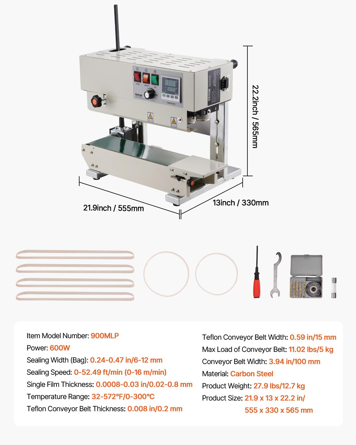 VEVOR Continuous Band Sealer Machine - 6-12mm Adjustable Seal Width, Digital Temperature Control for 0.02-0.8mm Plastic Bags | Food Packaging, Industrial Sealing, Warehouse Use | Commercial Bag Sealing Equipment for Plastic Films & Pouches