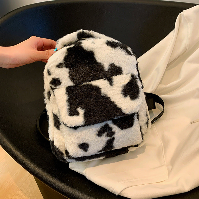Adorable Cow Print Furry Backpack for Women - Small Cute Shoulder Bag for School, Travel & Daily Use