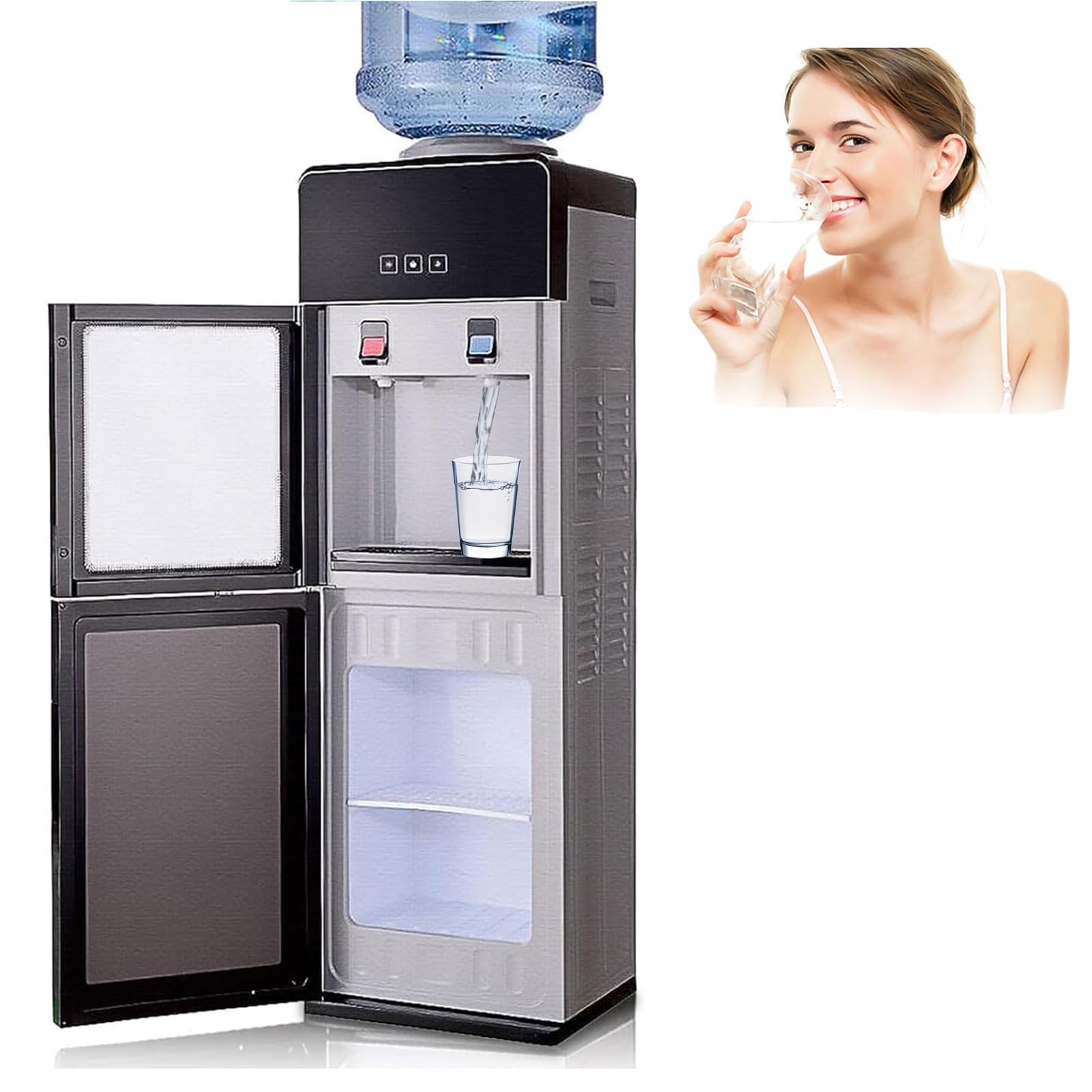 5 Gallon Top Loading Water Cooler Dispenser - Hot & Cold Water with 3 Temperature Settings (Hot, Room, Cold) for Home & Office Use - Space Saving Design with Storage Cabinet (Gray & Black) - Perfect for Kitchens, Break Rooms & Office Spaces