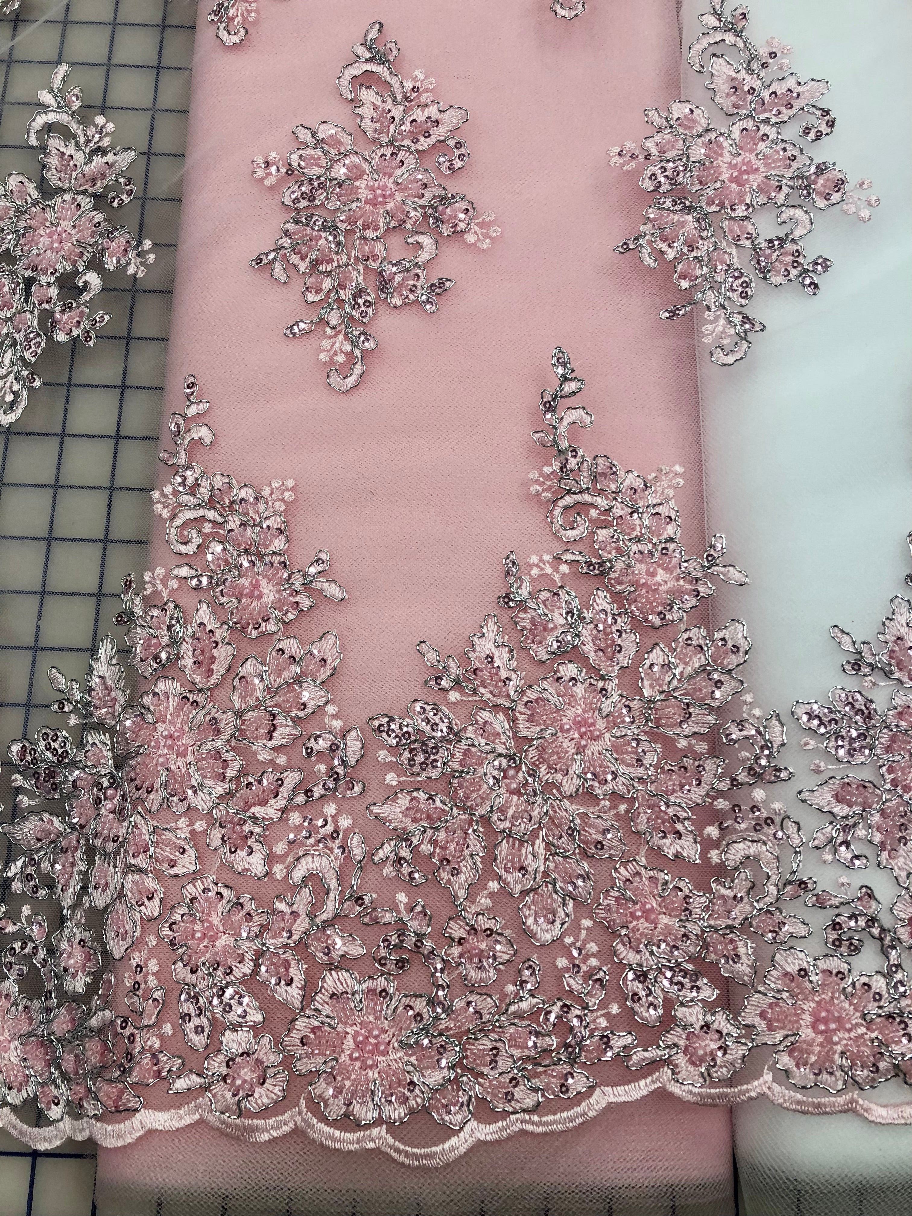 Elegant 52-inch Wide Metallic Silver Lace Trim with Beaded Embroidery in Pink - Perfect for Wedding Dresses, Home Decor, and DIY Craft Projects