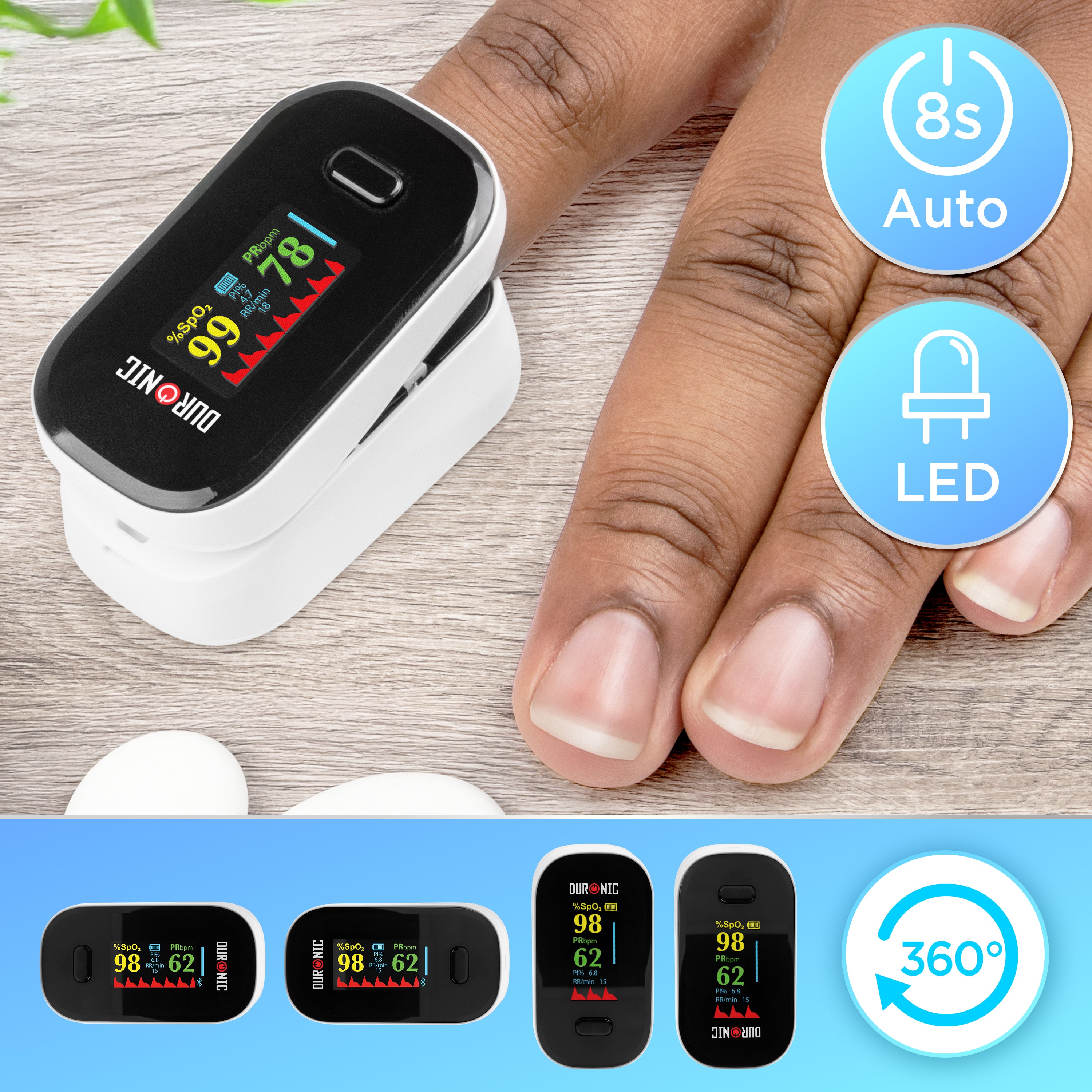 Duronic OX02 Finger Pulse Oximeter - Accurate Blood Oxygen Saturation (SpO2) & Heart Rate Monitor - CE Certified Portable Fingertip Oxygen Meter with Digital Display & Lanyard - Ideal for Home Use, Fitness Tracking, and Health Monitoring - Latex Free