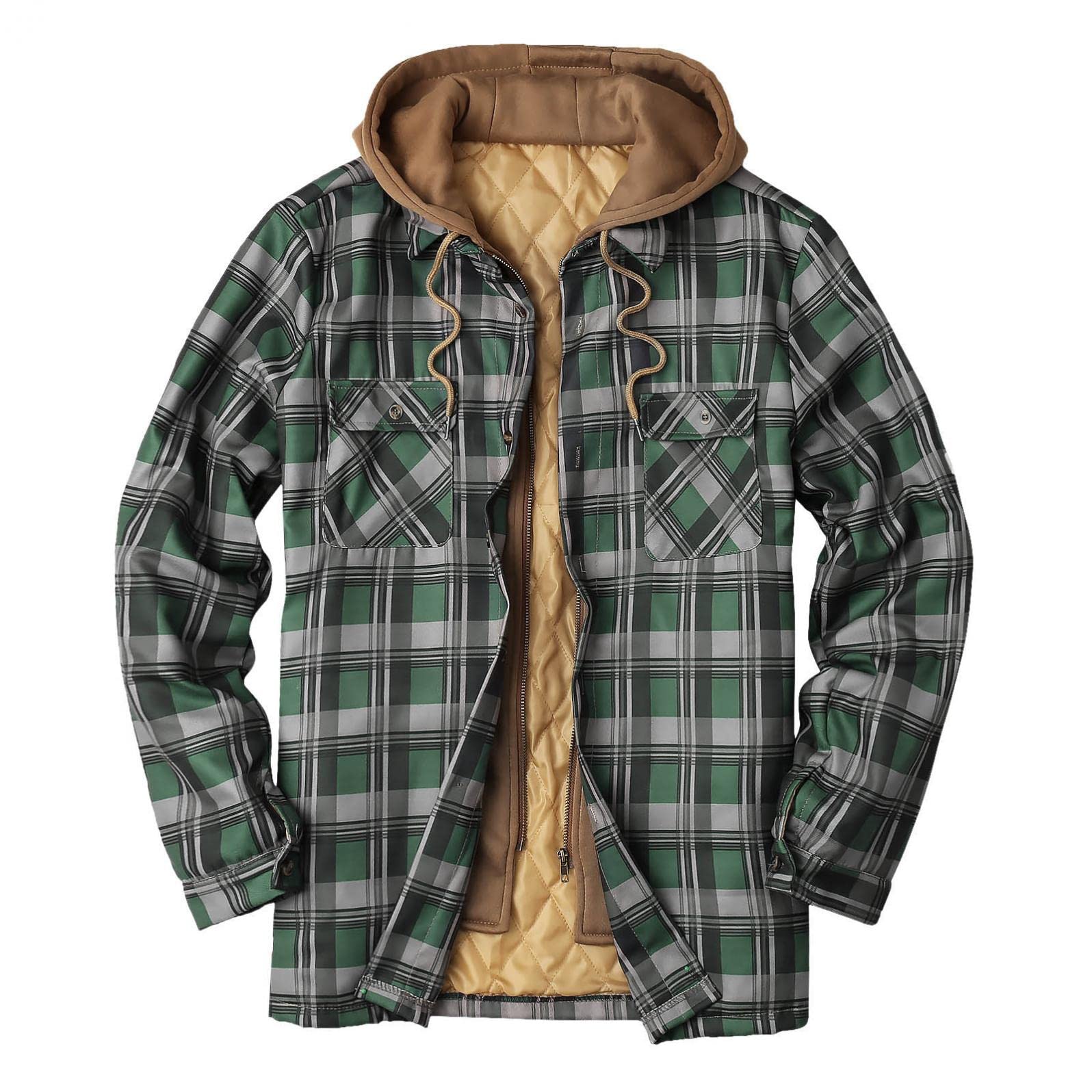 Men's Flannel Shirt Jacket with Berber Lining - Button Down Zip Hooded Coat for Camping & Night Outfits | Warm Fleece-Lined Sweatshirt Hoodie for Fall & Winter Outdoor Activities