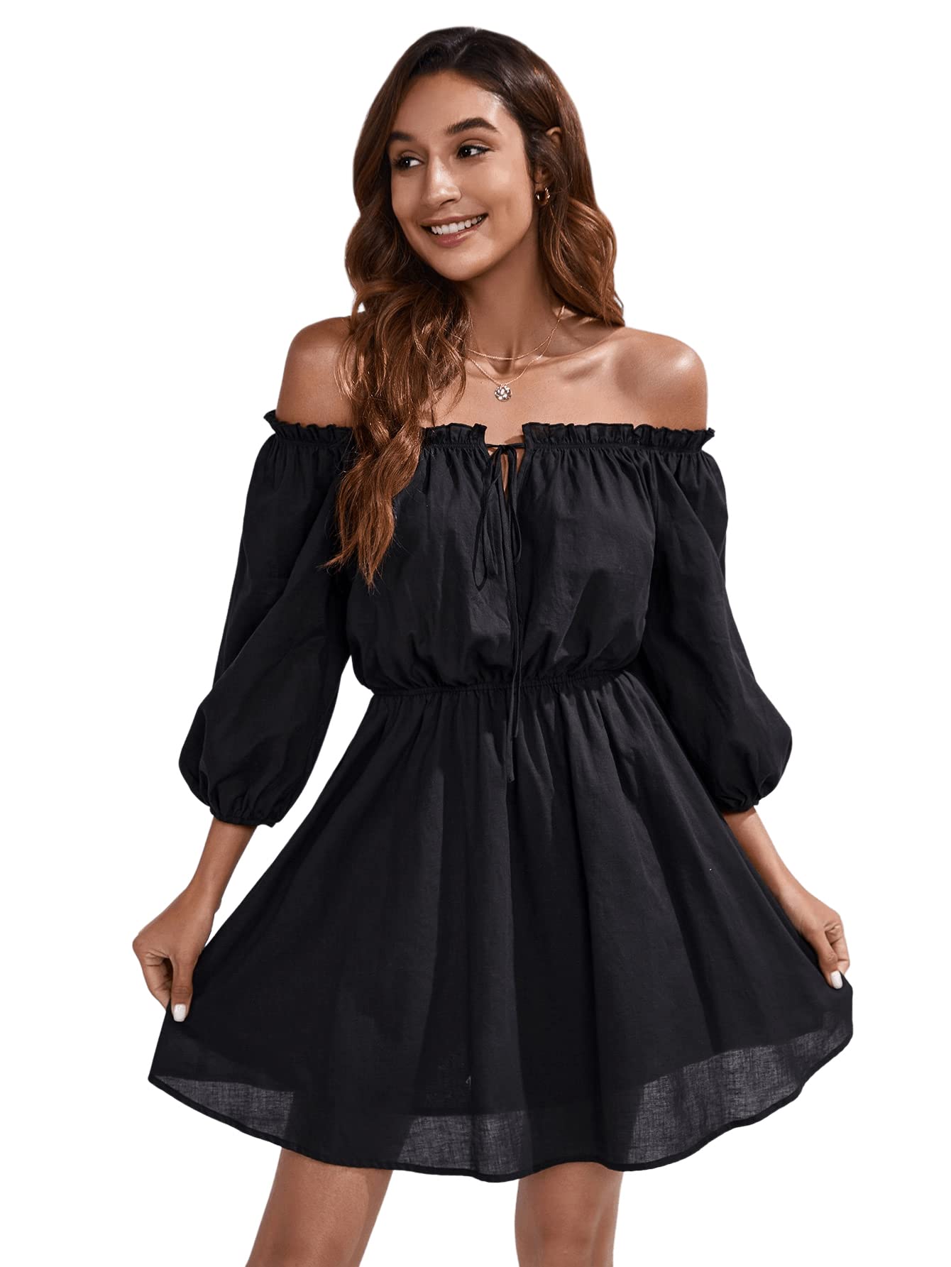 SweatyRocks Women's Off Shoulder Bishop Sleeve Ruffle Dress - Tie Front A-Line Mini Dress for Summer, Party, Date Night & Vacation | Flowy Casual & Formal Outfit